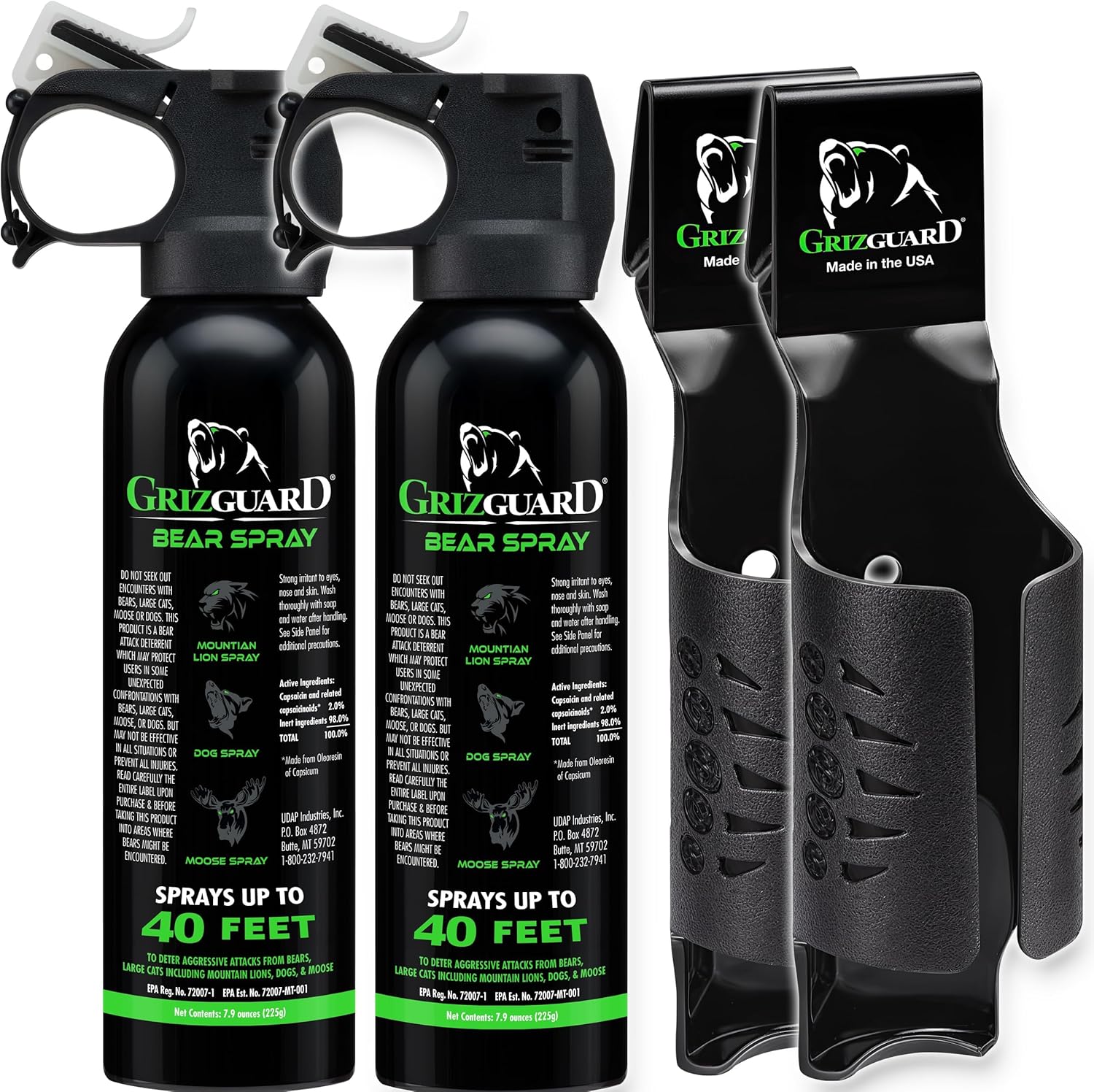 Bear Spray with Holster 2 Pack – Max Strength 7.9 oz, 40-Foot Range, EPA-Registered Deterrent for Bears, Mountain Lions, Coyotes, Dogs & Moose, Glow Safety Clip, Hiking & Camping Protection