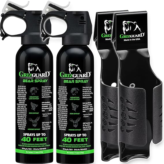 Griz Guard Bear Spray with Holster 2 Pack Max Strength 7.9 oz, 40-Foot Range, EPA-Registered Deterrent for Bears, Mountain Lions, Coyotes, Dogs & Moose, Glow Safety Clip, Hiking & Camping Protection