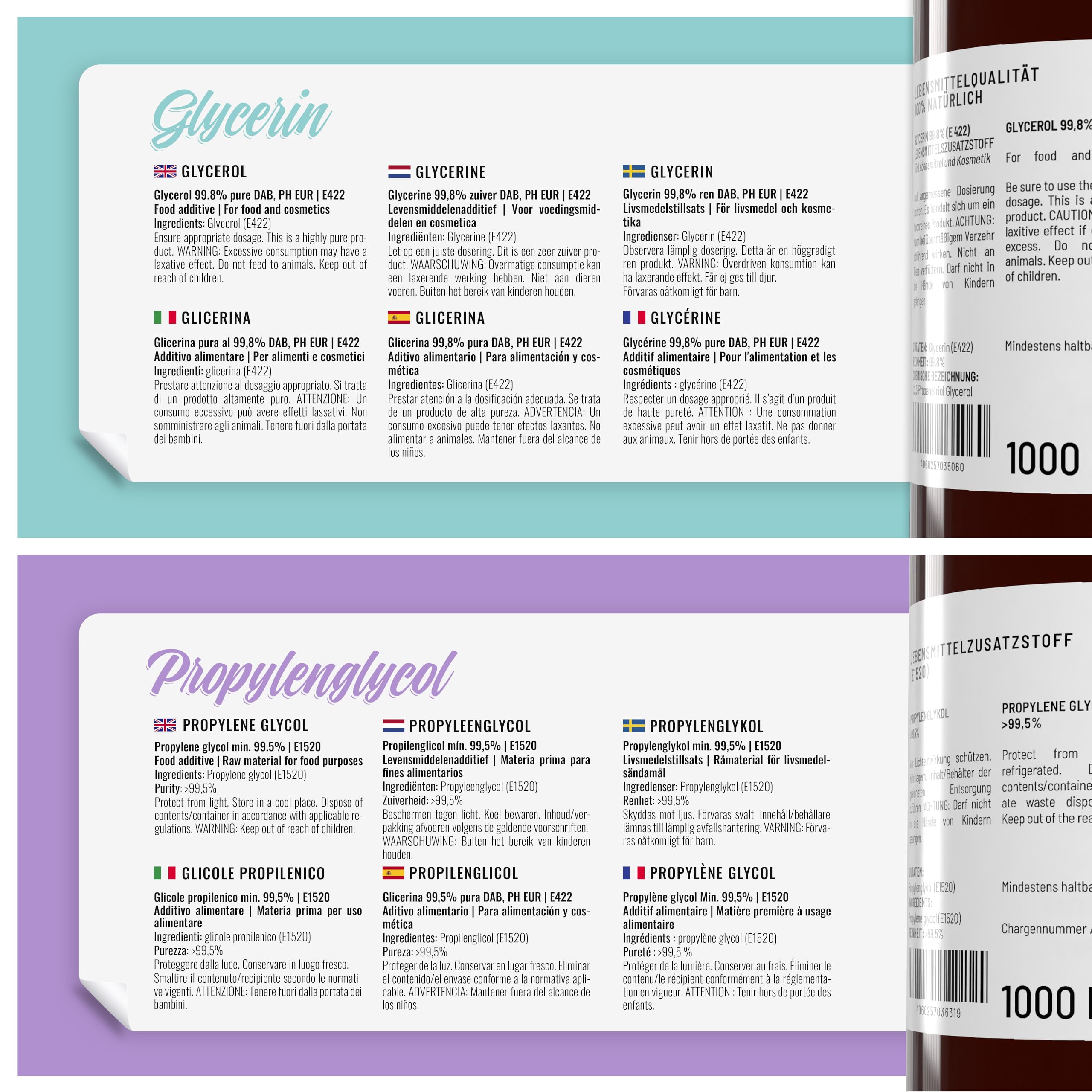 Belissia Glycerin (VG 99,8%) 1000ml E422 + & Propylenglykol (PG 99,5%) 1000ml E1520 | Laborqualität, Kosmetik, Pharma, Lebensmittel, Vegan