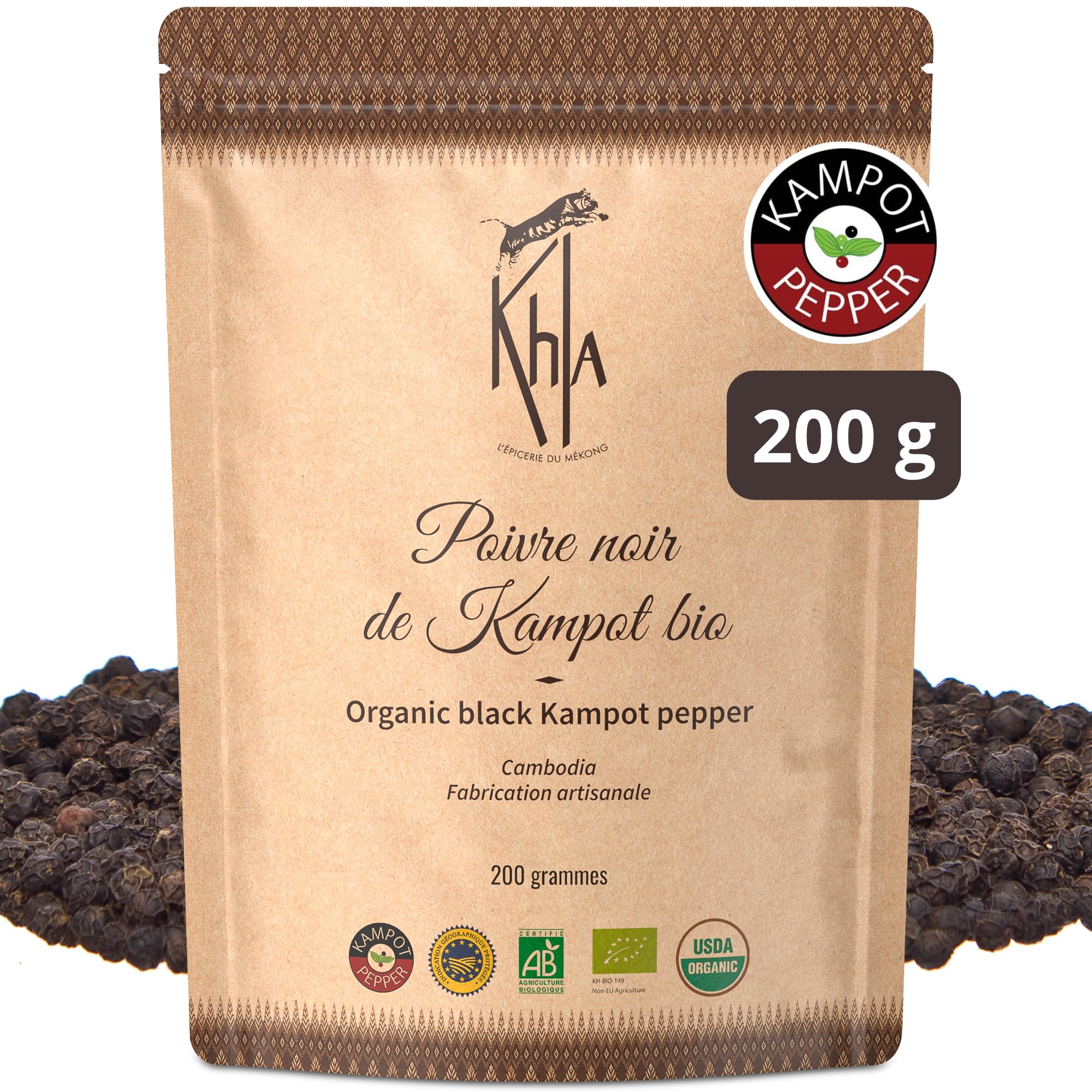 Khla - Kampot Pfeffer Schwarz Bio 200g - Schwarzer Pfefferkörner Ganz Biologisch - Grand Cru - Zutat Küchen - Direkt vom Erzeuger - Schwarze Körner Ganze für Mühle - Aus Kambodscha