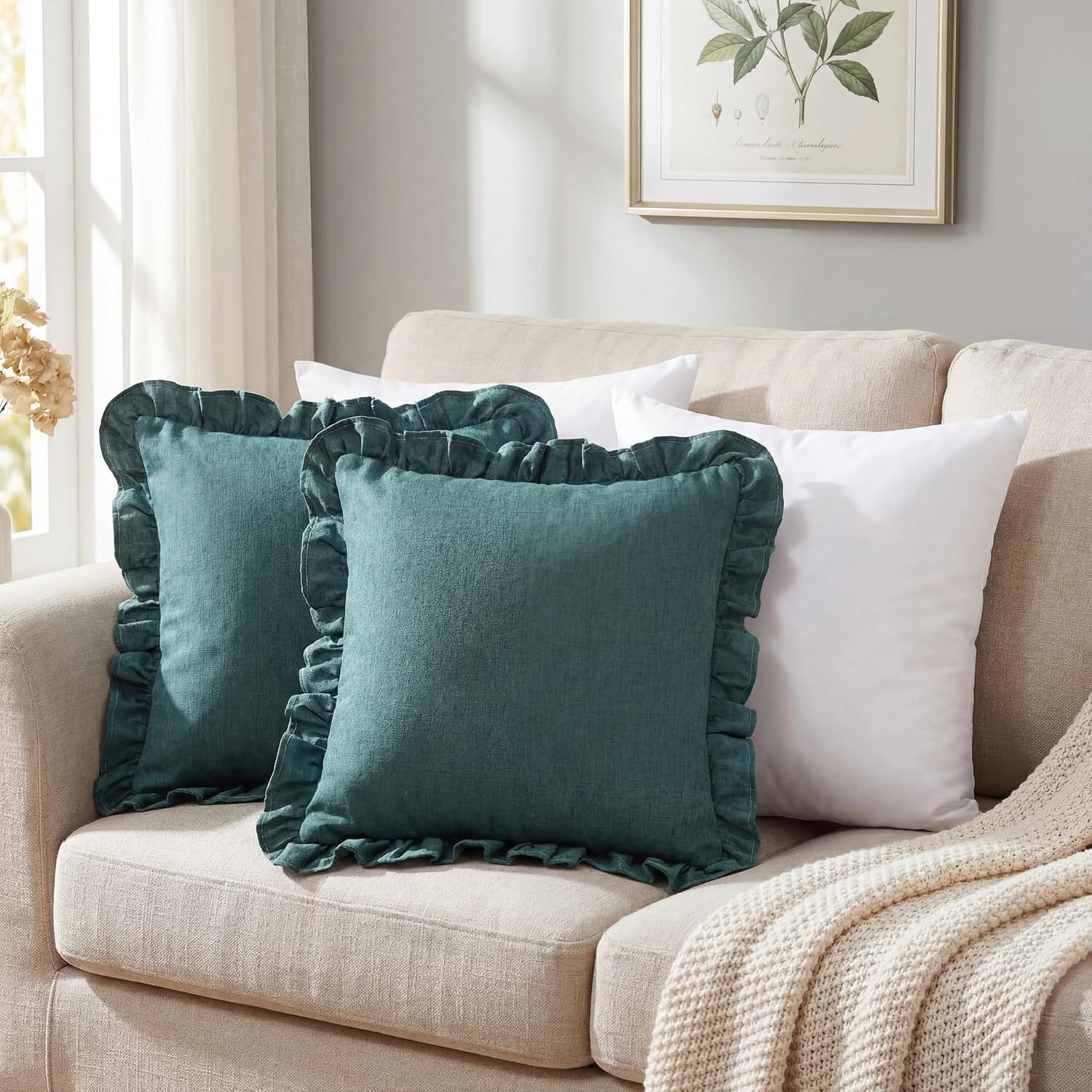 Set of 2 Dark Green Ruffle Throw Pillows with Inserts Decorative Linen Zippered Pillows 18 x 18 Inch Include Detachable Pillowcase and Non Woven Fabric Inserts for Cushion Bed Couch Sofa