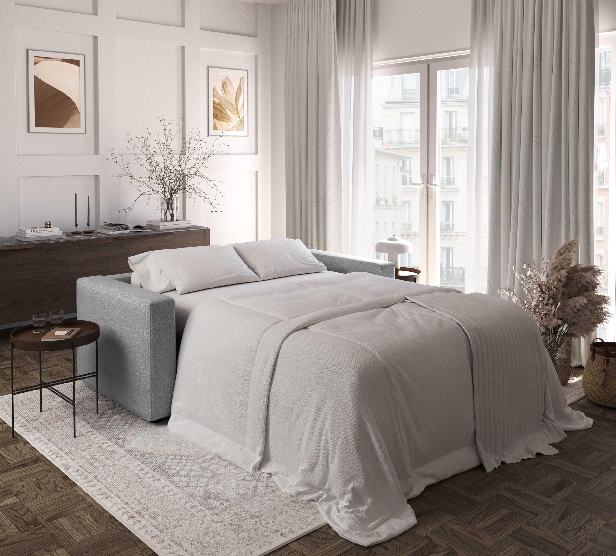 Divano Letto Denver 3 Posti Struttura in Metallo e Legno Imbottitura in Gomma di Poliuretano Rivestimento in Tessuto Rete a Doghe Materasso 140x190 cm H13 cm Colore:Silver
