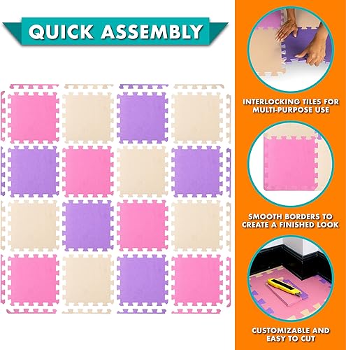 Miniatura 50 de ProSource Alfombra de espuma para rompecabezas para niños y bebés con colores sólidos, 36 o 16 azulejos encajables con bordes, Negro/Gris/Blanco