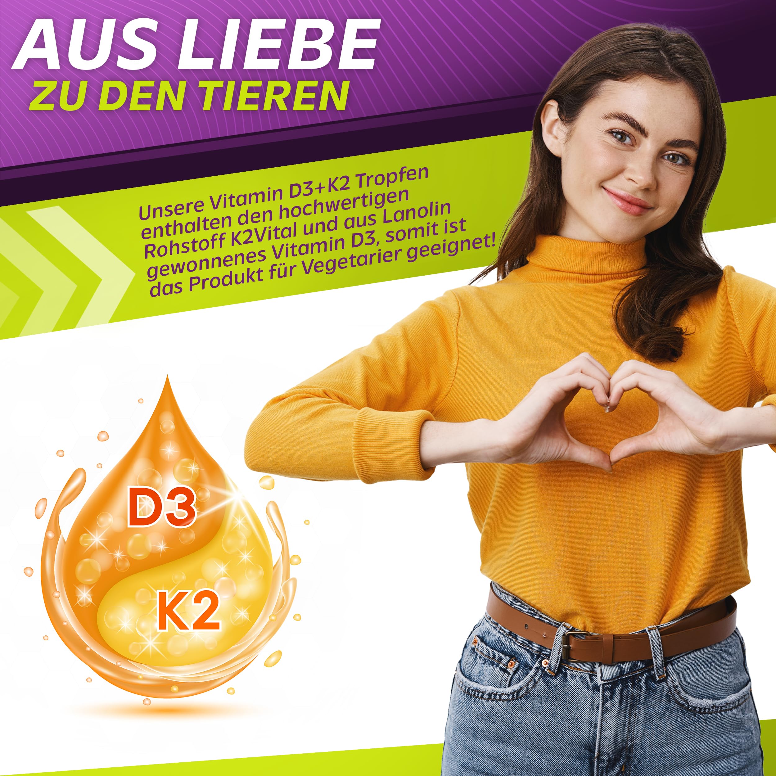Vita2You Vitamin D3 + K2 Tropfen - Vitamin D3 5000 IE - Vitamin K2 100µg pro Tropfen - K2VITAL - MK-7-99,7% All-Trans - MCT-Öl - Premium Qualität - Made in Germany