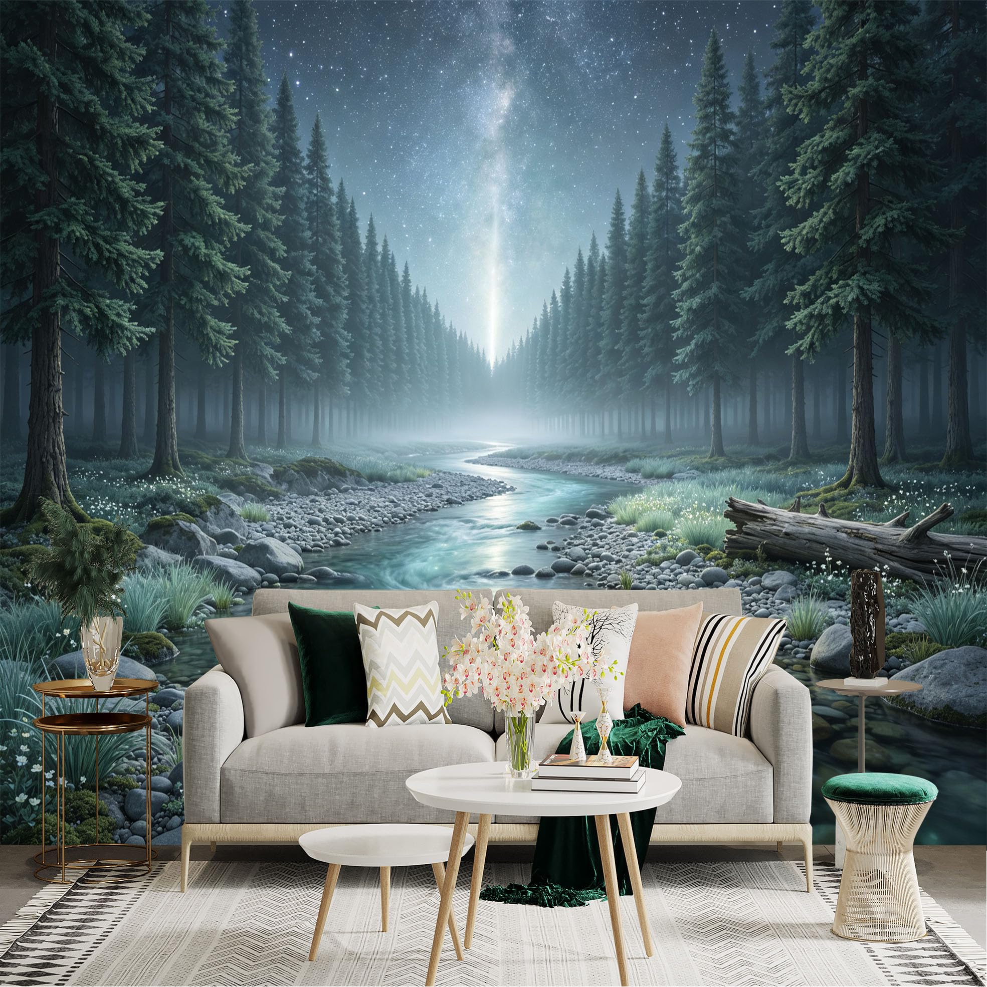 Lnzczhyre Bh260719213 Custom Size Wall Sticker Mural， Enchanting River In Deep Woods， Starry Night Sky， Serene Nature Landscape， For Wall Decoration， Peelandstick Wall Decals.