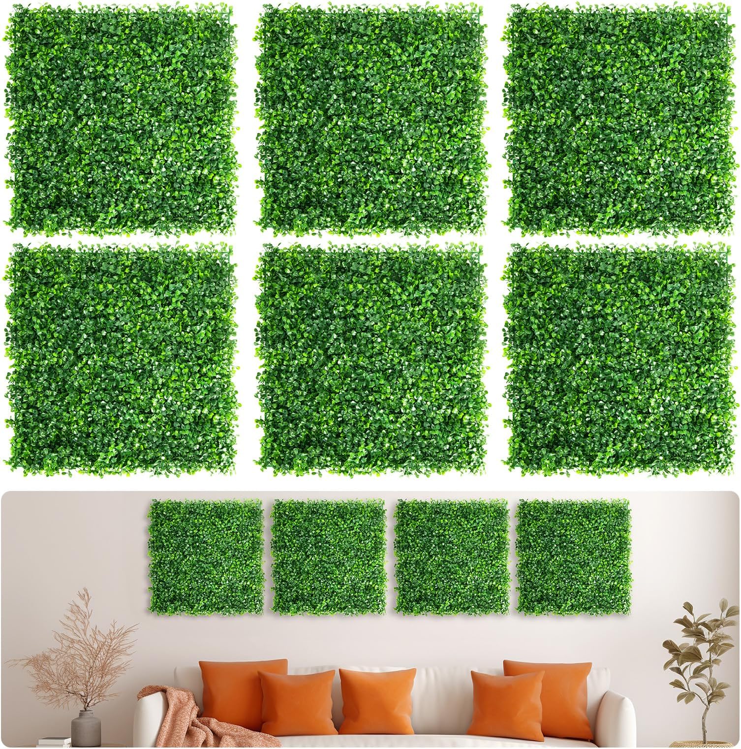Aboofx Grass Wall Panels, 6 Pack 20x20in Artificial Boxwood Faux Green Wall with 100 Zip Ties for Interior Garden Party Wedding Backdrop Indoor Outdoor Plant Wall Decor