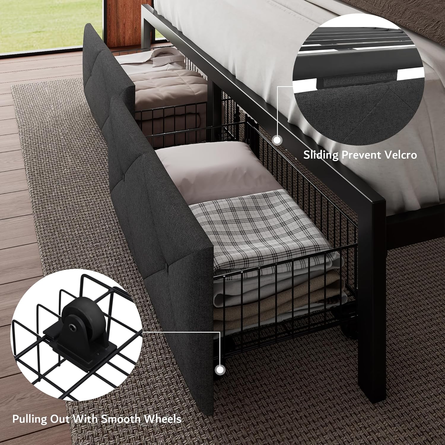 iPormis King Bed Frame with 2 Storage Drawers, Linen Upholstered Headboard Platform Bed with Charging Station, No Box Spring Needed, Metal Slats Support, Noise-Free, Easy Assembly, Grey