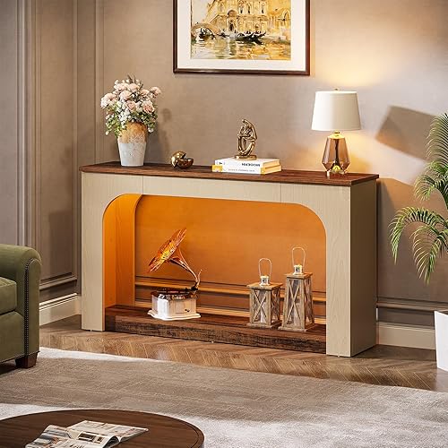 Miniatura 4 de Tribesigns Mesa consola de 55 pulgadas con luces LED, mesa de sofá estrecha de 2 niveles con almacenamiento, entrada de madera detrás del sofá para
