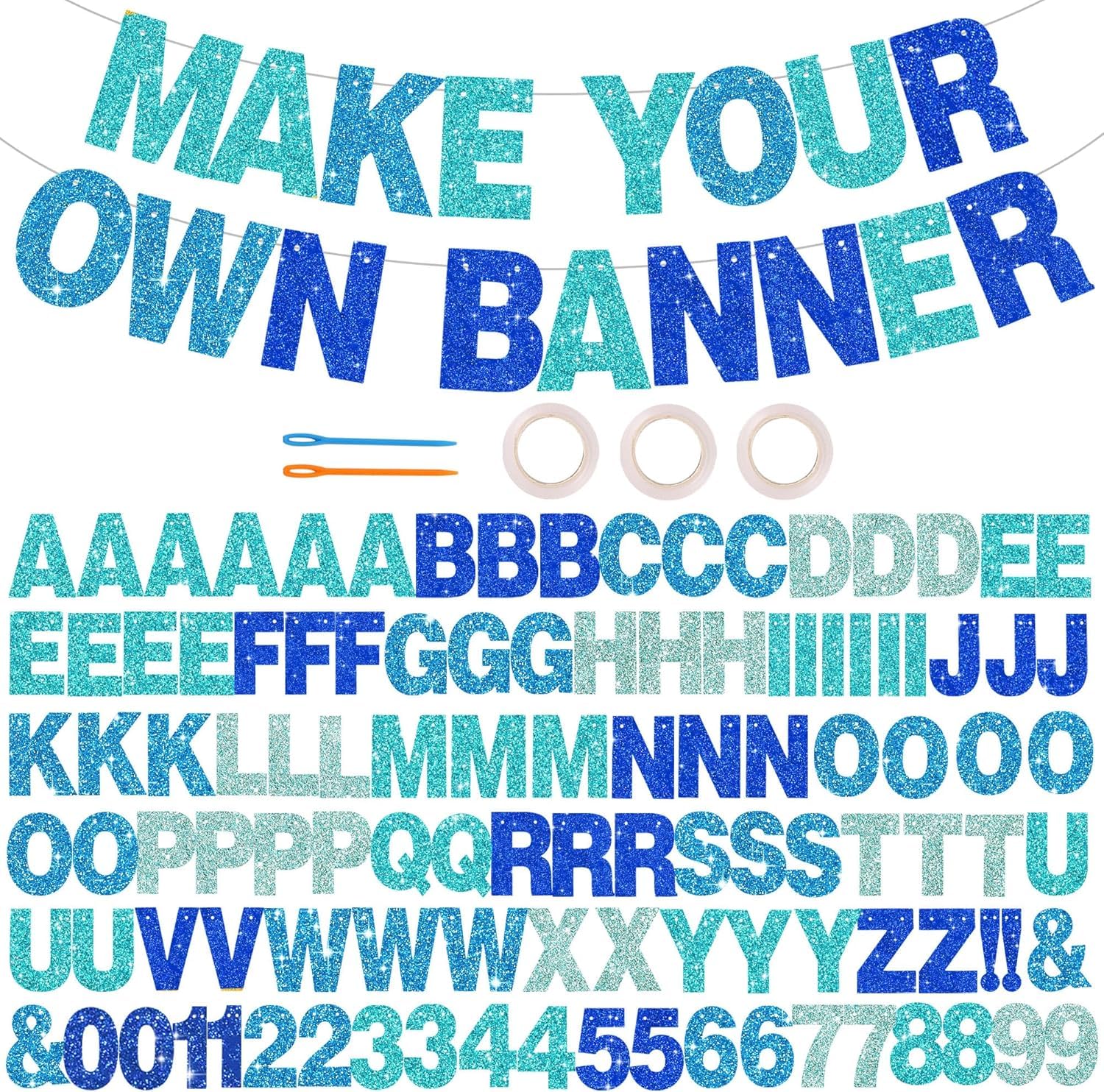 DecoGlee 116 PCS A-Z Glitter Blue Mix DIY Letter Banner Kit Make Your Own Banner，Including 111 Letters and Numbers 3 Rope and 2 Threading Device,for Birthday Graduation Wedding Halloween Party Decor