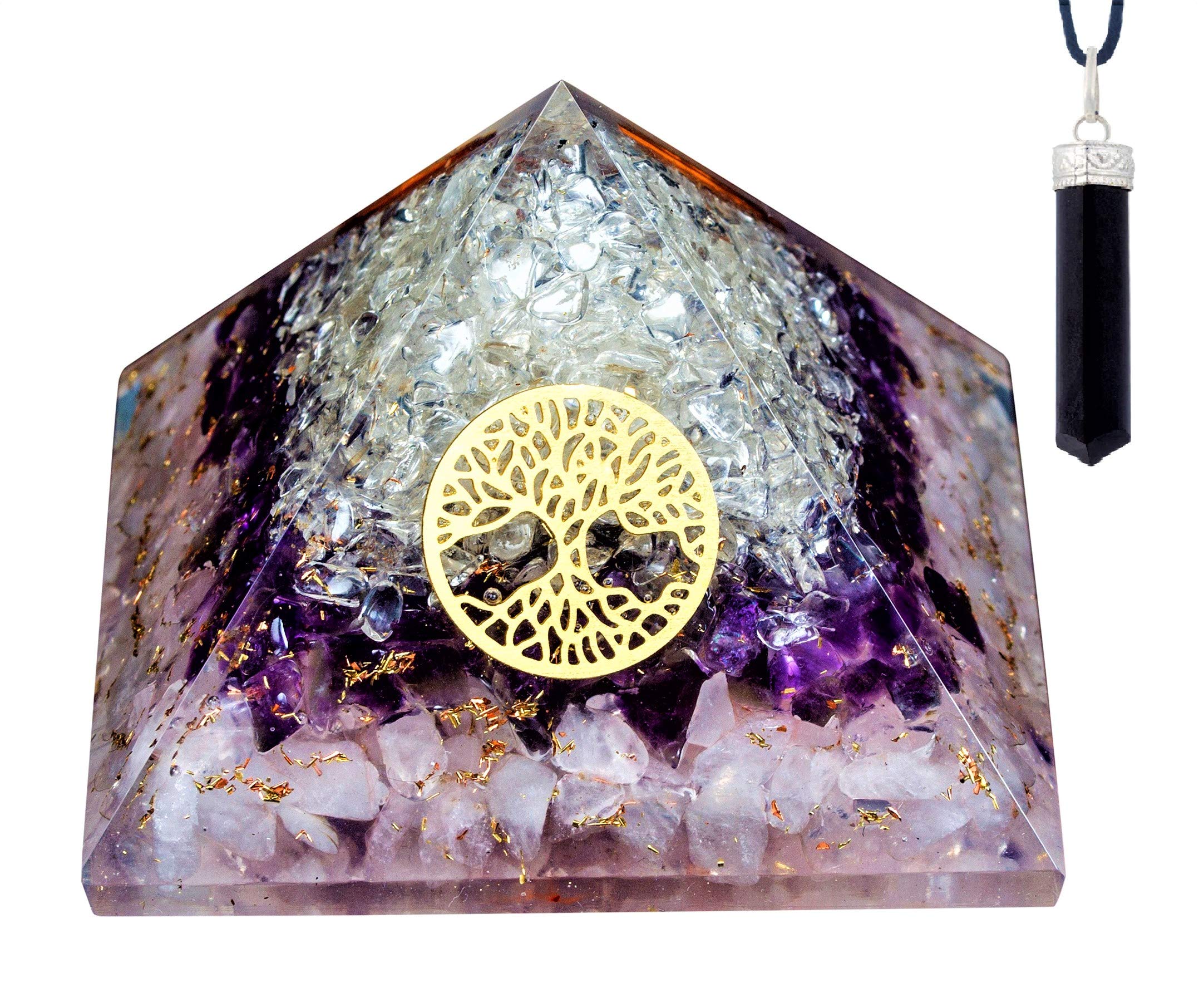 Bliss Creation Orgone Pyramid Healing Stone Energy Generator EMF Protection | with Raw Black Tourmaline Crystal Healing Pendant Necklace or Matching Orgone Pendulum