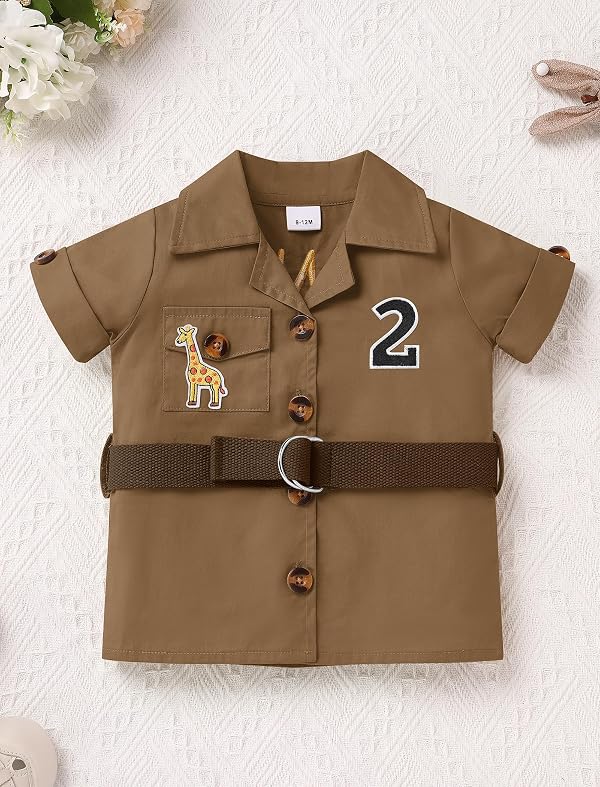 OBEEII Toddler Boys Safari Outfit Infant Explorer Wild Two Year Birthday Short Sleeve T-shirt Top Shorts Set Giraffe Zoo Keeper Jungle Cake Smash Photoshoot Outfits + Hat + Belt Brown-2Y 2-3 Years by OBEEII - Image 2