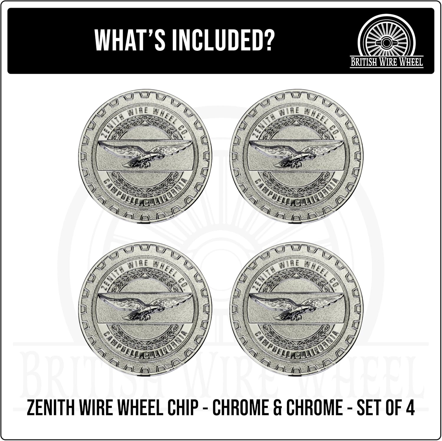 Zenith Chrome 3D Metal Wheel Chip Emblems (Set of 4) | Triple Chrome Plated Solid Metal Wheel Chip Emblems, 2.25" | for Lowriders with Cut or Recessed Knock Off Spinner Caps