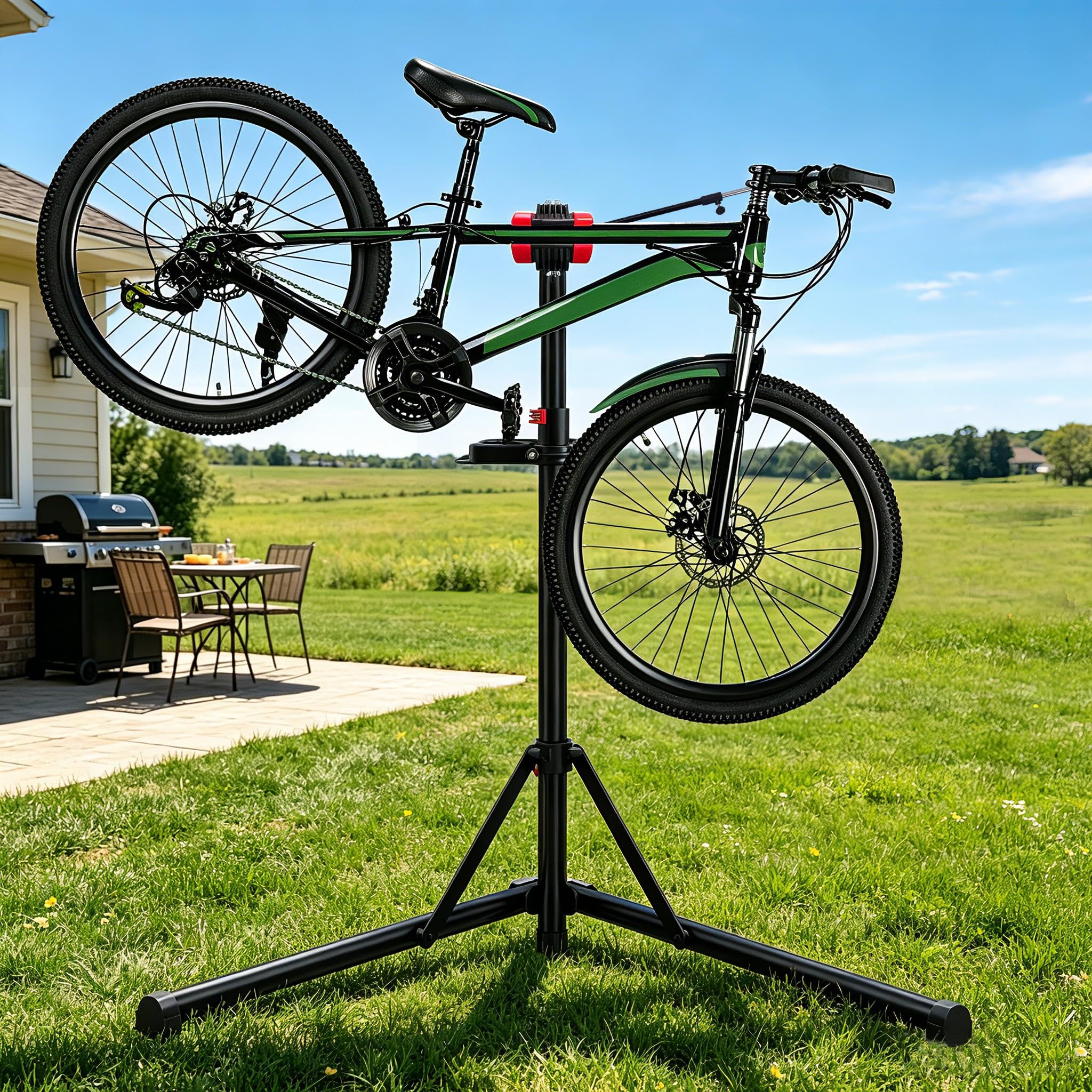 Caballetes para bicicletas, Soporte reparación bicicletas con base bajo centro gravedad estable, bandeja magnética herramientas, cabezal giratorio 360°, plegable, carga máxima 30 kg