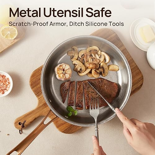 Miniatura 6 de KOKHUB Juego de sartenes de acero inoxidable de tres capas, sartenes de cocina vintage de 8 pulgadas, 9.5 pulgadas11 pulgadas con tapas, sartén