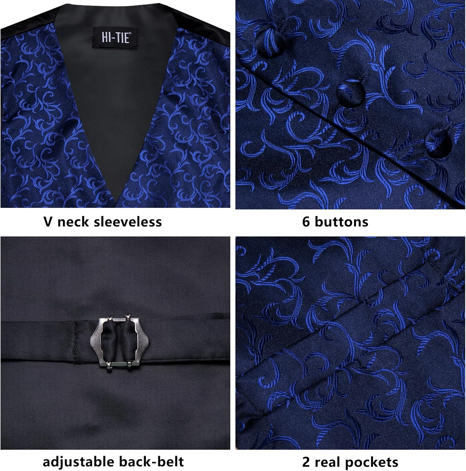 Hi-Tie Silk Mens Suit Vest Tie and Bowtie Lapel Pin Gold Tie Clip Paisley Floral Waistcoat 8PCS Set Tuxedo Wedding Party - Image 6