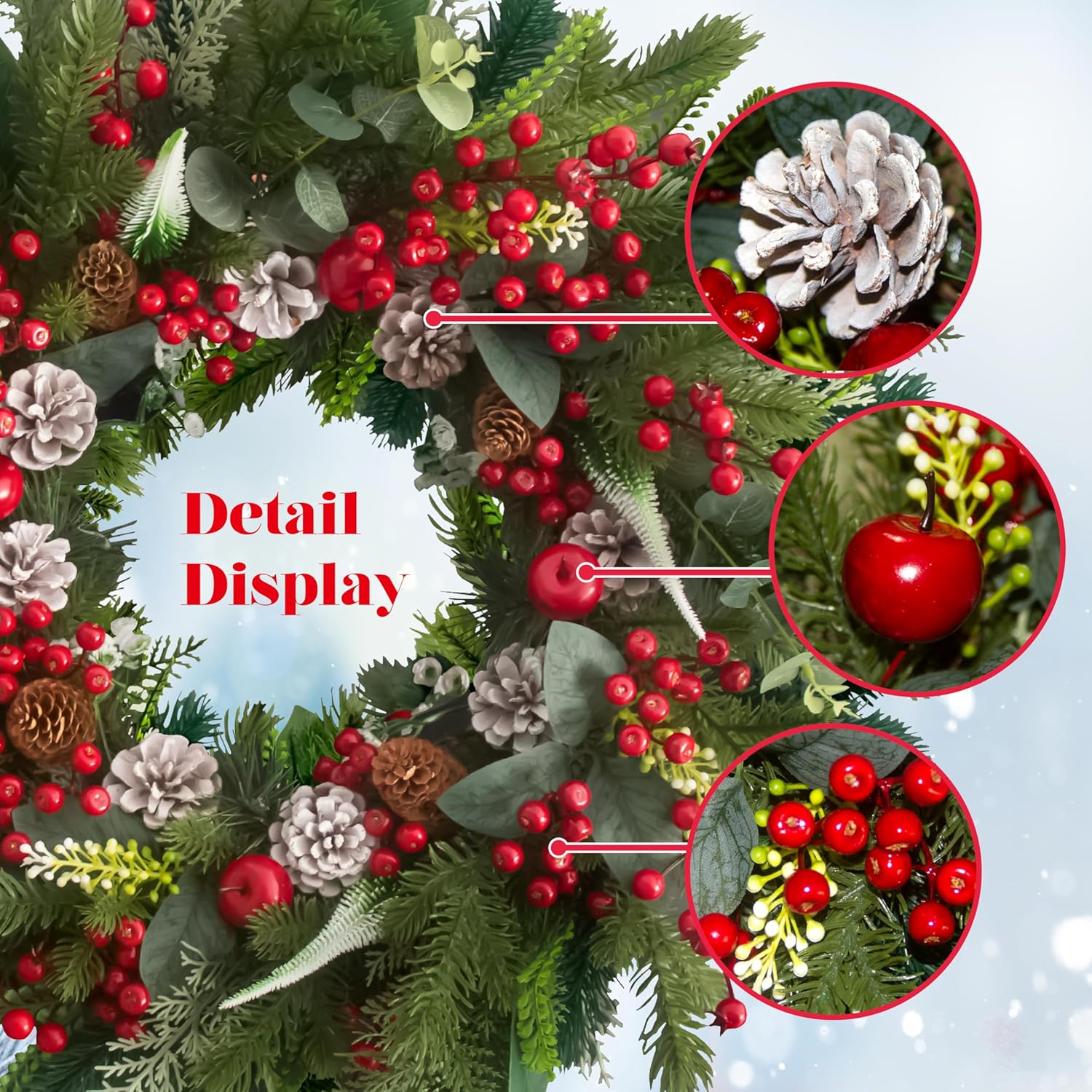 24 Inch Christmas Wreath with Red Berries, Apples, Pinecones and Eucalyptus – Artificial Winter Holiday Front Door Wreath for Farmhouse, Indoor Outdoor Xmas Home Décor - Image 2