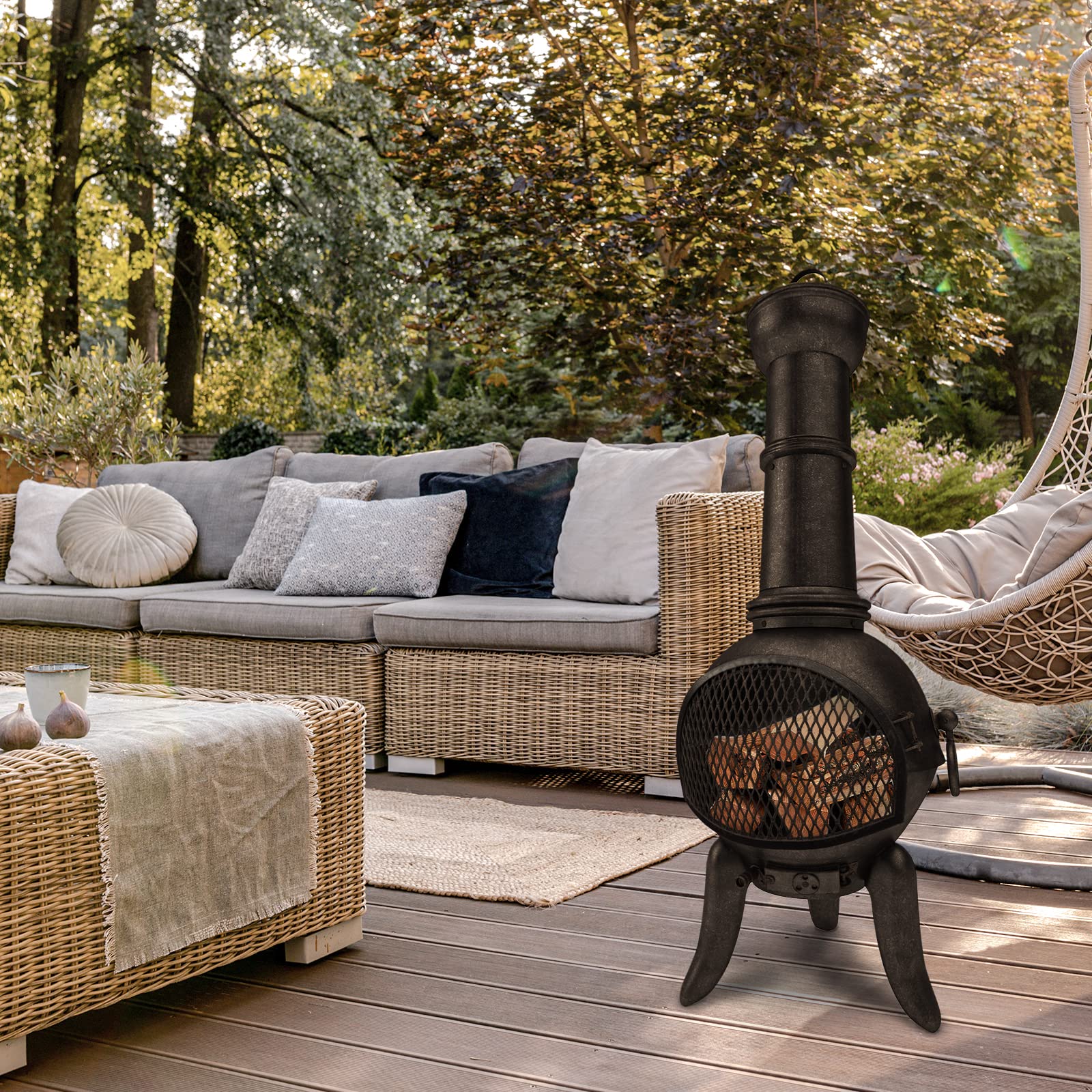 Jago® Cheminée d'Extérieur - avec Trappe Grillagée, 108 cm de Hauteur, en Fonte, Vintage Design, avec Tisonnier - Brasero, Poêle d'Extérieur, Terrasse, Jardin