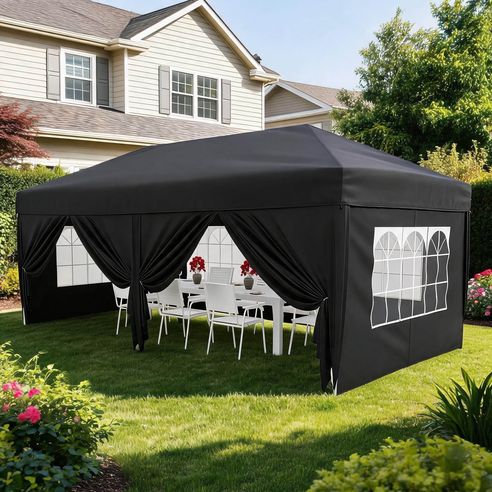 Faltpavillon 3x6 wasserdicht stabil, Pop-Up Pavillon silberbeschichtetes Oxford, 320cm Höhe, 6 Seitenwände, Kirchenbogenfenster, für Garten Party Hochzeit, Schwarz