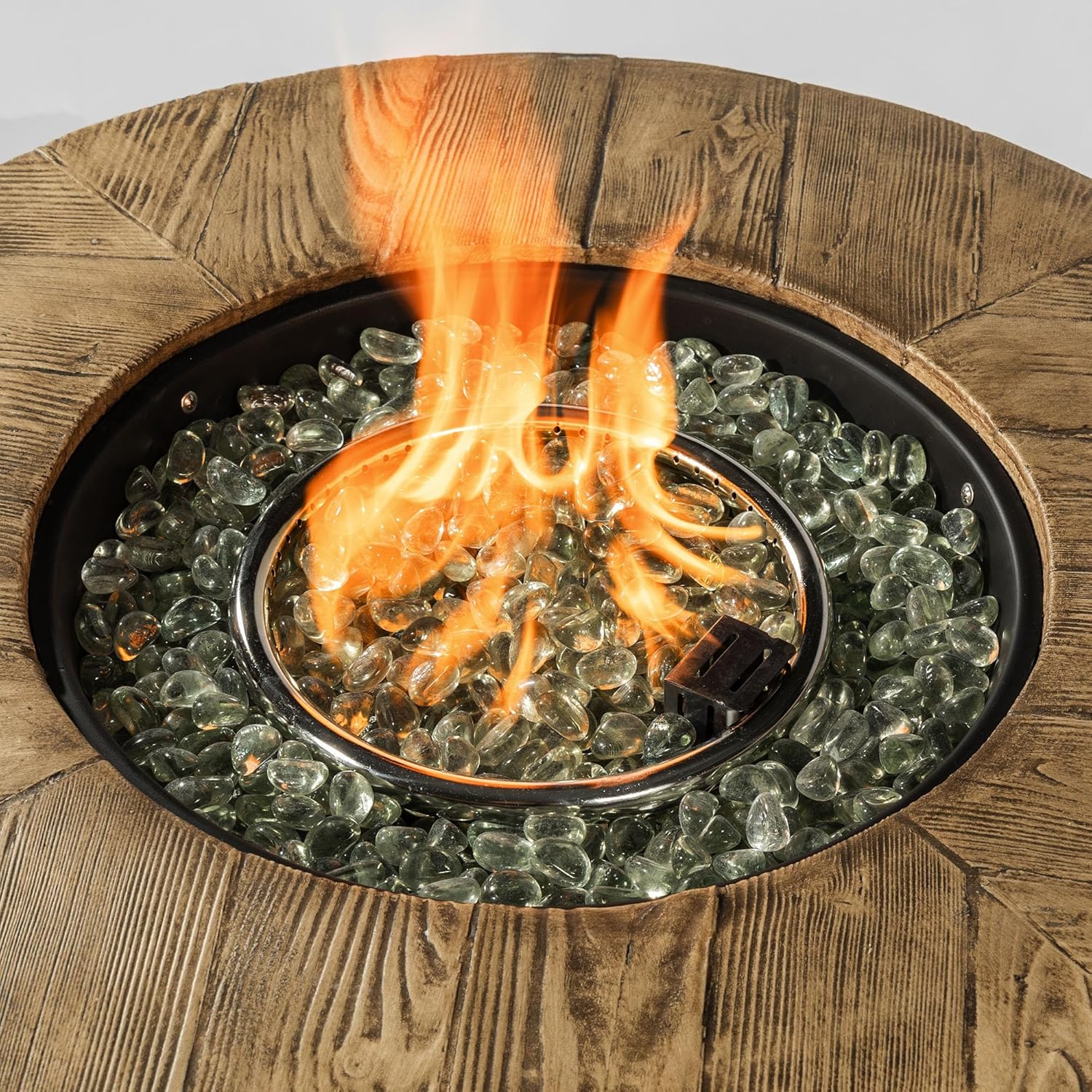 30-inch Round Propane Fire Pit Table, 50000 BTU Outdoor Patio Heater with Wood Grain Finish & Glass Stones, Smoke-Free Steel Firepit for Deck Garden Backyard
