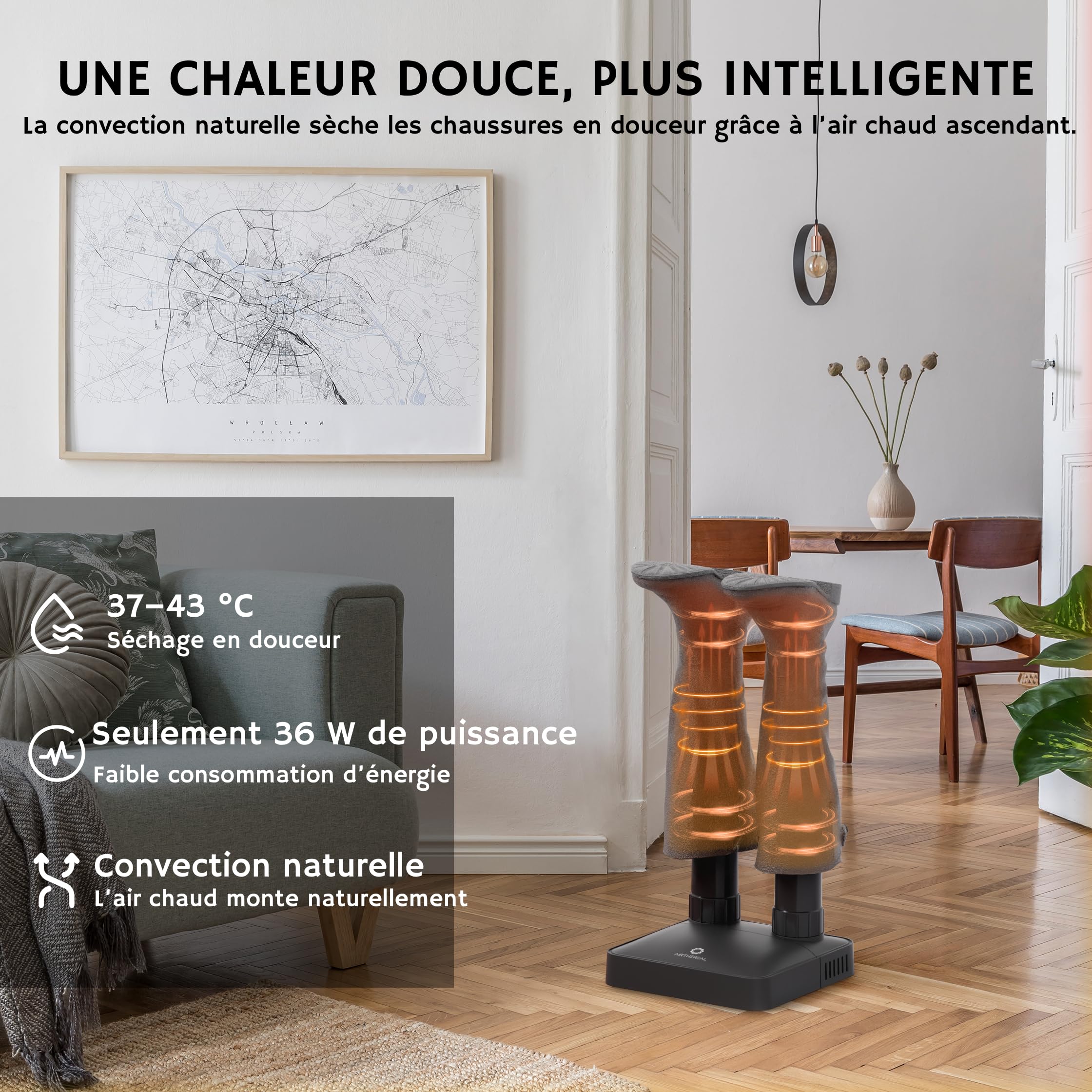 AIRTHEREAL SD36 Sèche-Chaussures Électrique, Silencieux et Sans Ventilateur