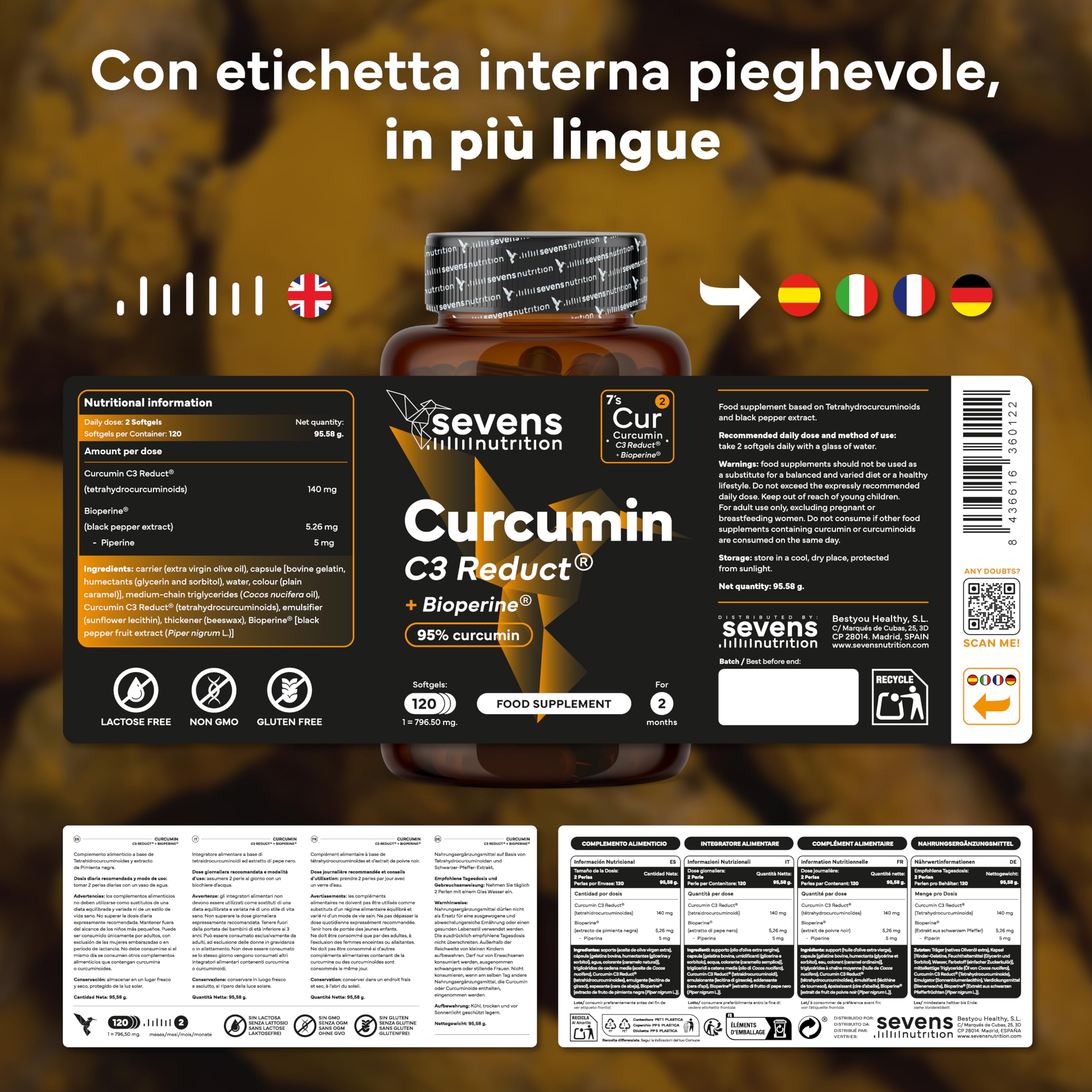 Curcumina 95% Curcuminoidi con Piperina - Capsule ad Alta Biodisponibilità - Curcuma con C3 Reduct® e BioPerine® - Integratore Alimentare per Articolazioni e Digestione - Con Olio Extravergine d’Oliva