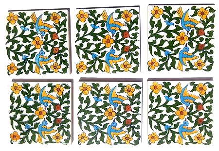 Shiv Kripa Blue Pottery Ceramic Handmade Tiles (4 x 4-inch, Multicolour) - Pack of 6