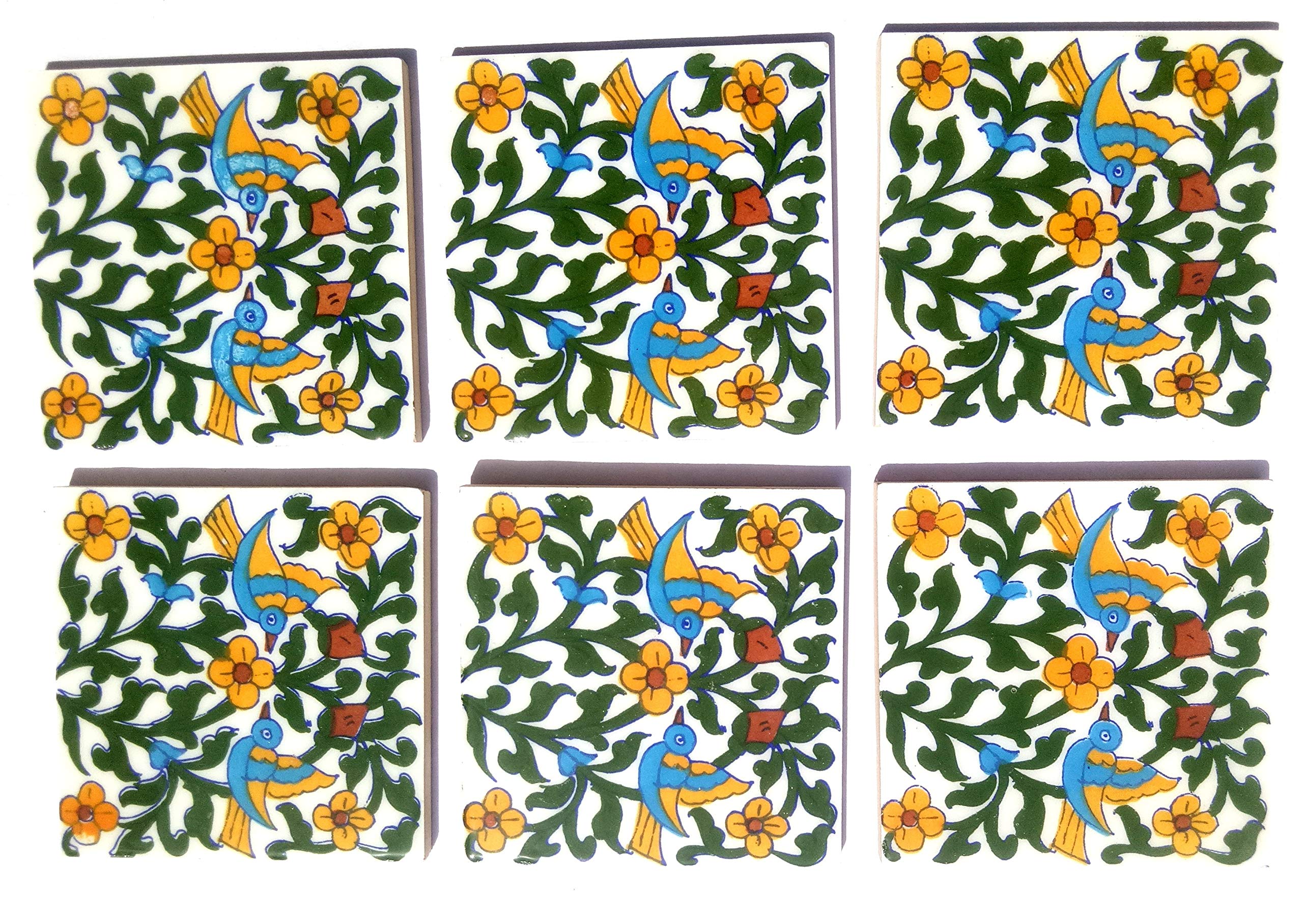 Shiv Kripa Blue Pottery Ceramic Handmade Tiles (4 x 4-inch, Multicolour) - Pack of 6