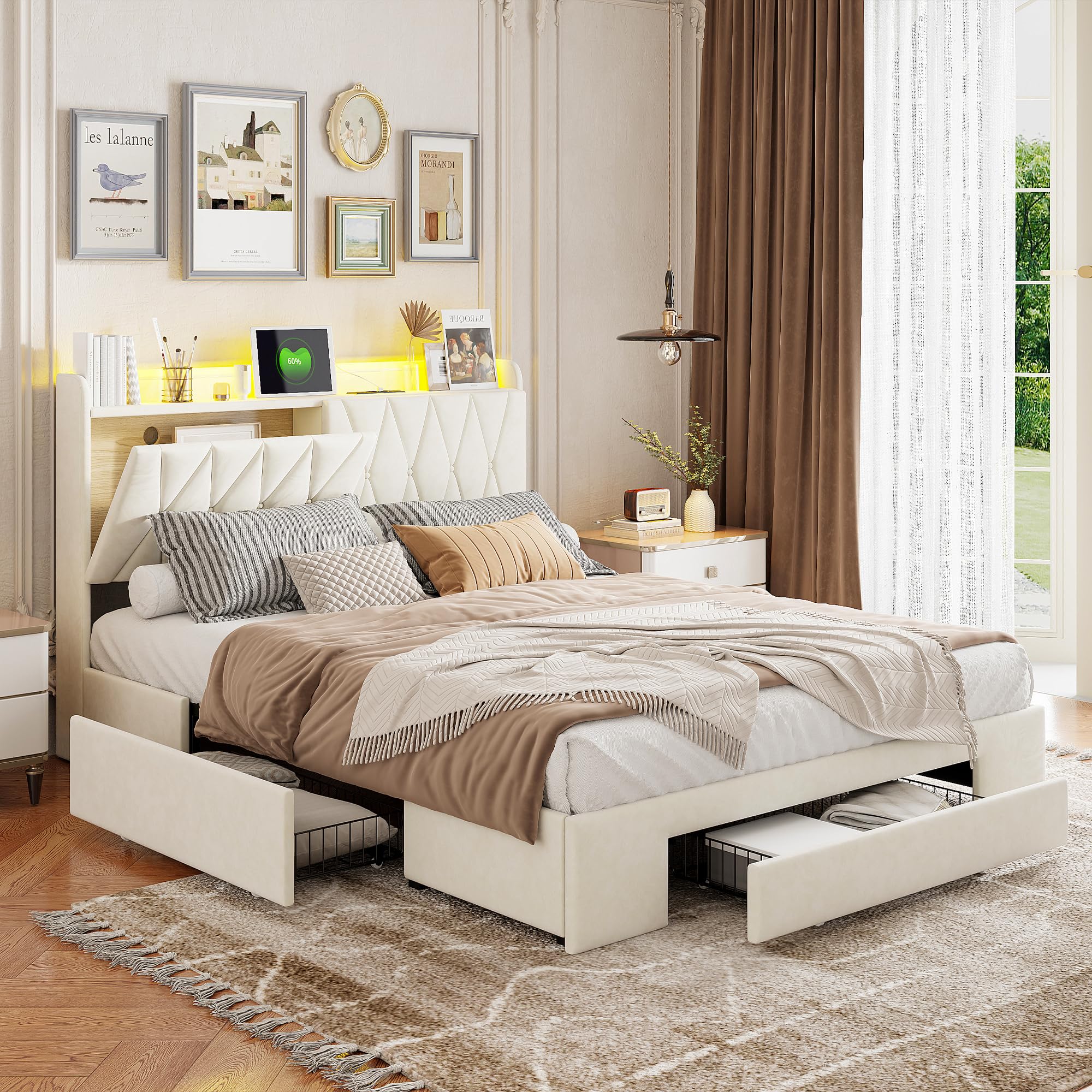 Letto imbottito con 3 cassetti, testiera, letto matrimoniale, 160 x 200 cm, letto matrimoniale funzionale con vano portaoggetti, letto imbottito con rete a doghe (beige + velours-A, 160 x 200