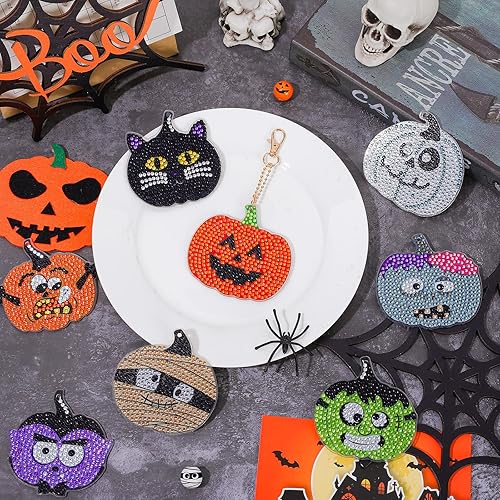 Miniatura 5 de Whaline Kit de llavero de dibujo de diamantes de Halloween, hecho a mano, caricatura, monstruo, vampiro, momia, gato, colgante de dibujo de