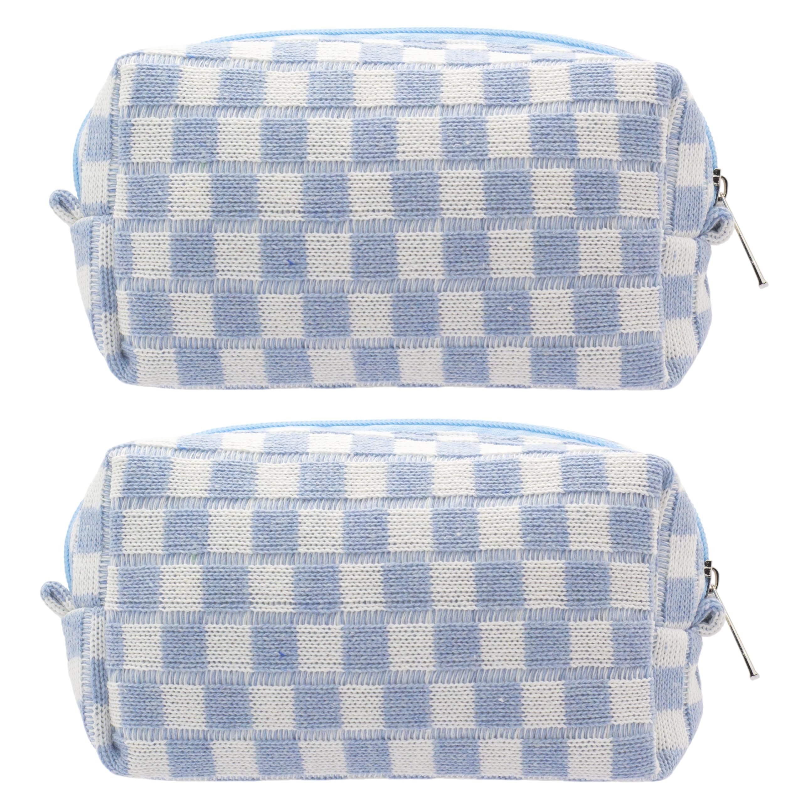 PAZIMIIK Checkered Makeup Bag for Purse Portable Zipper Make Up Pouch Small Cosmetic Case for Travel Accessories (2PCS Blue)