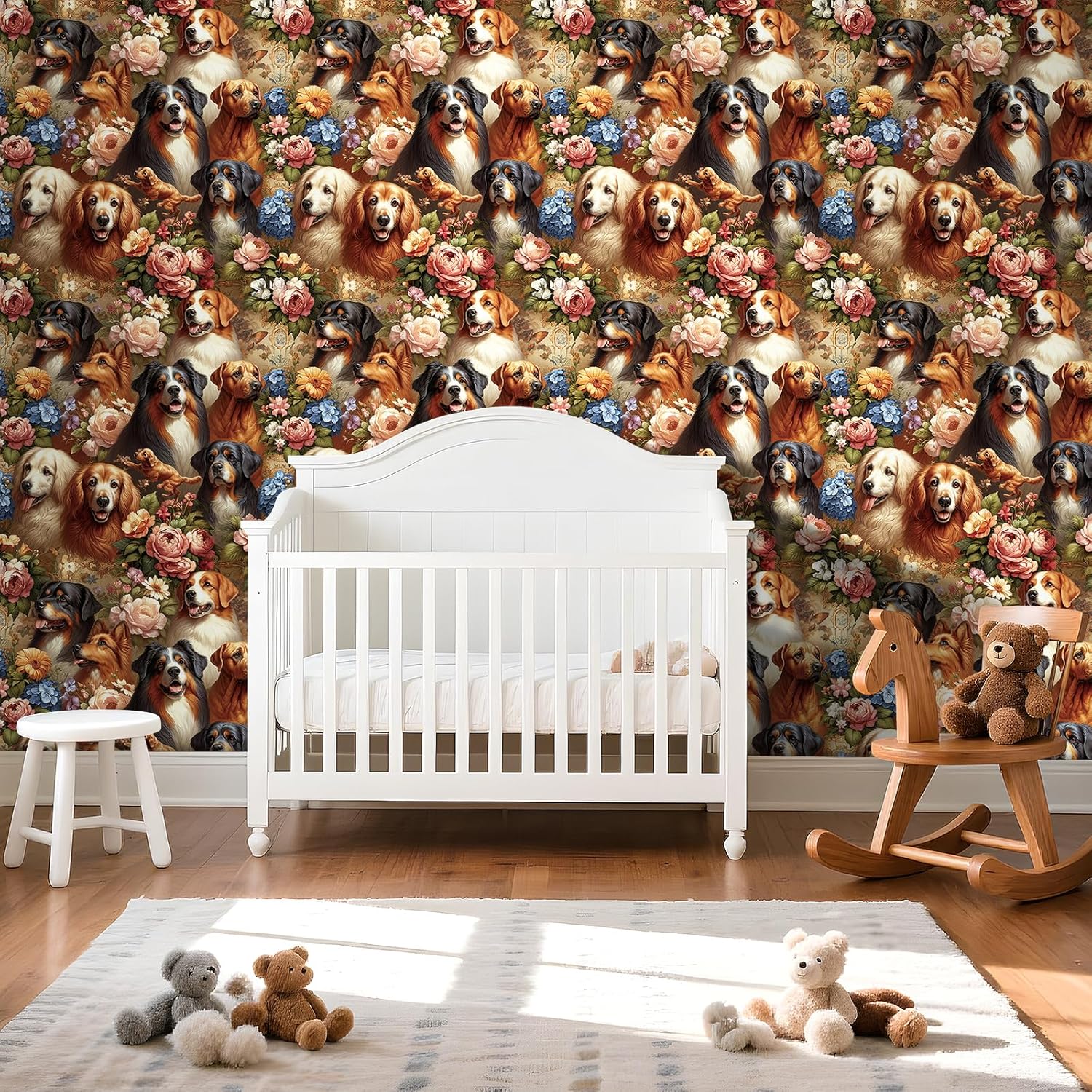 Stickyart Peel and Stick Dog Floral Wallpaper Whimsical Multiple Puppy Breeds Floral Contact Paper Bernese Mountain Dog Golden Retriever Roses Hydrangeas Flower Wallpaper for Bedroom wall17.5 x276