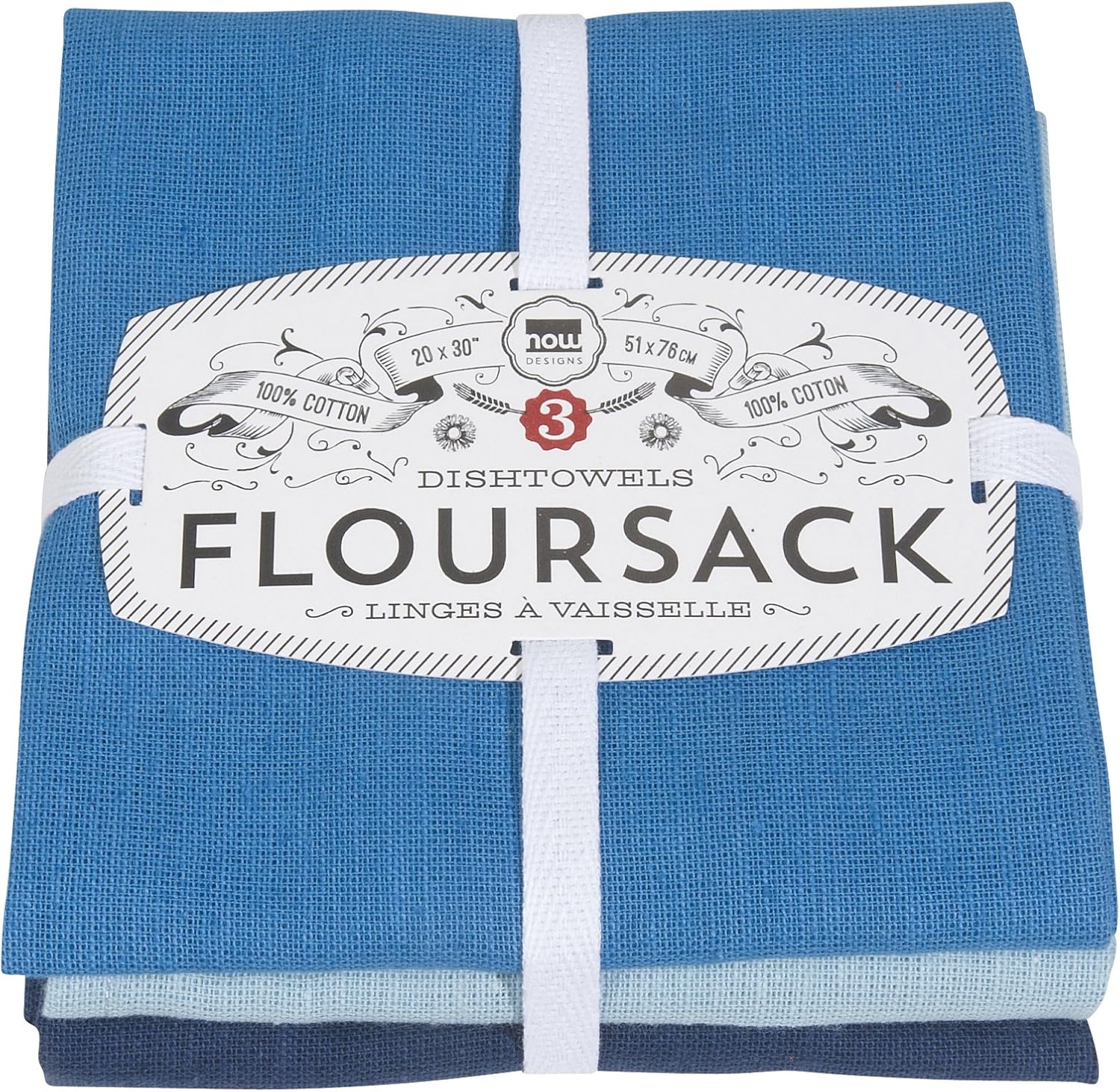 Now Designs Floursack Kitchen Dish Towels Moon/Cool Blue/Indigo 20 x 30in, Set of 3, 1 ea, (911421aa)