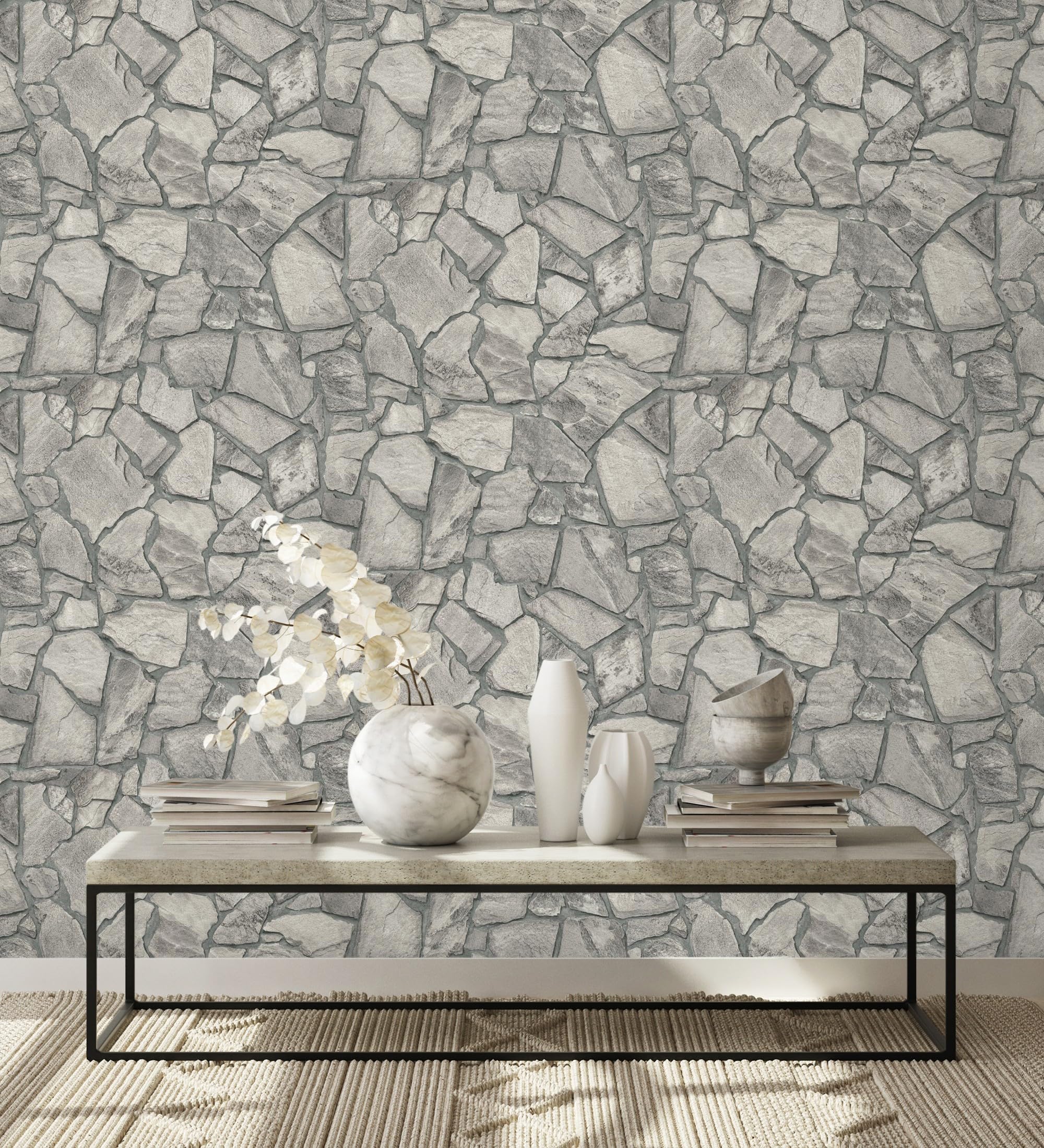 GAULAN 683292 Papier peint vinyle pierre naturelle texturée style rustique, tons gris pour mur salon cuisine bain chambre couloir stanza salle à - Rouleaux de 10 m x 0,53 m