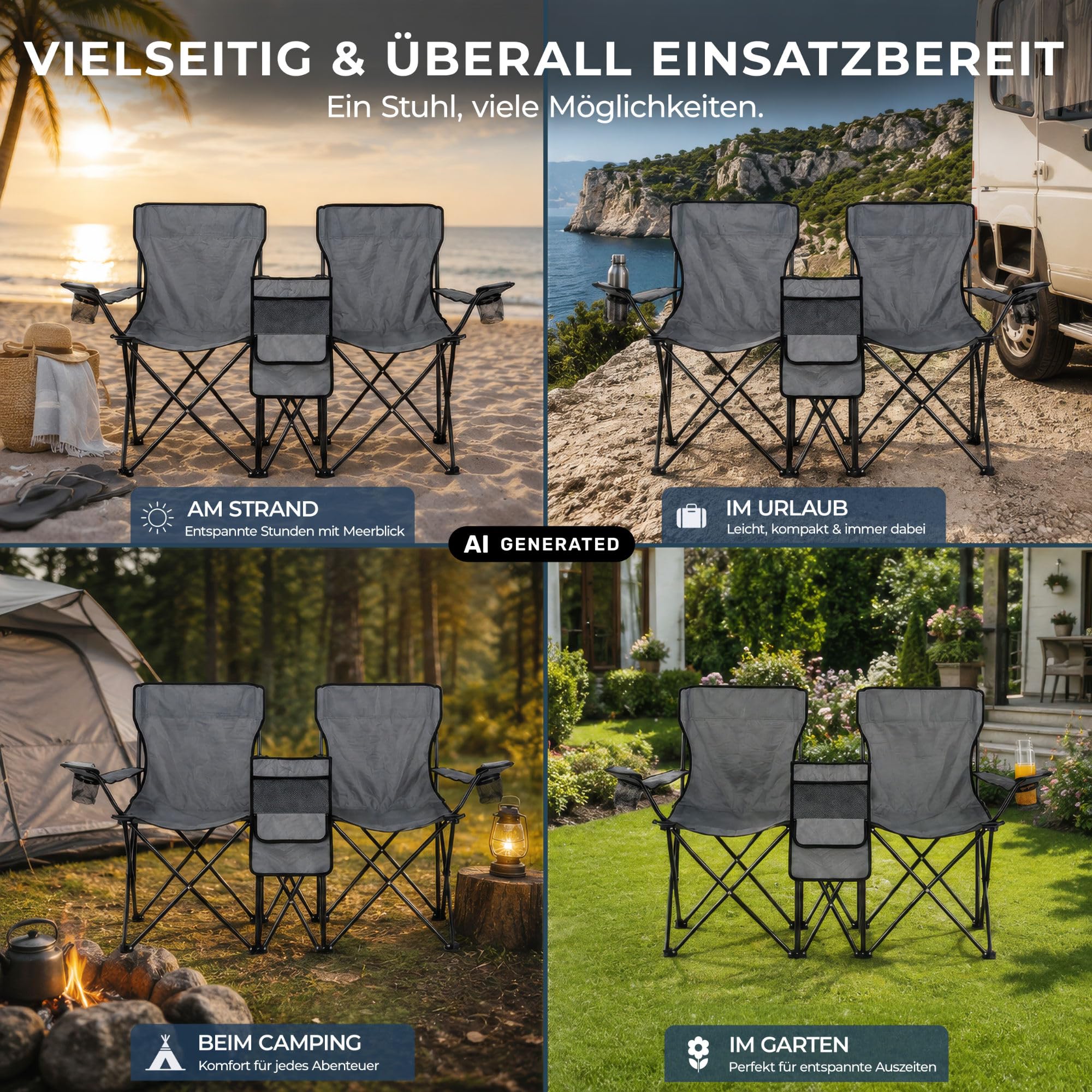 Stagecaptain Silla de Camping Doble CS-1485, Bolsillo Exterior Espacioso | Silla de camping doble de tela Oxford 600D, Perfecta para camping, festivales, picnics y excursiones, Dimensiones, 5 cm, 0 kg