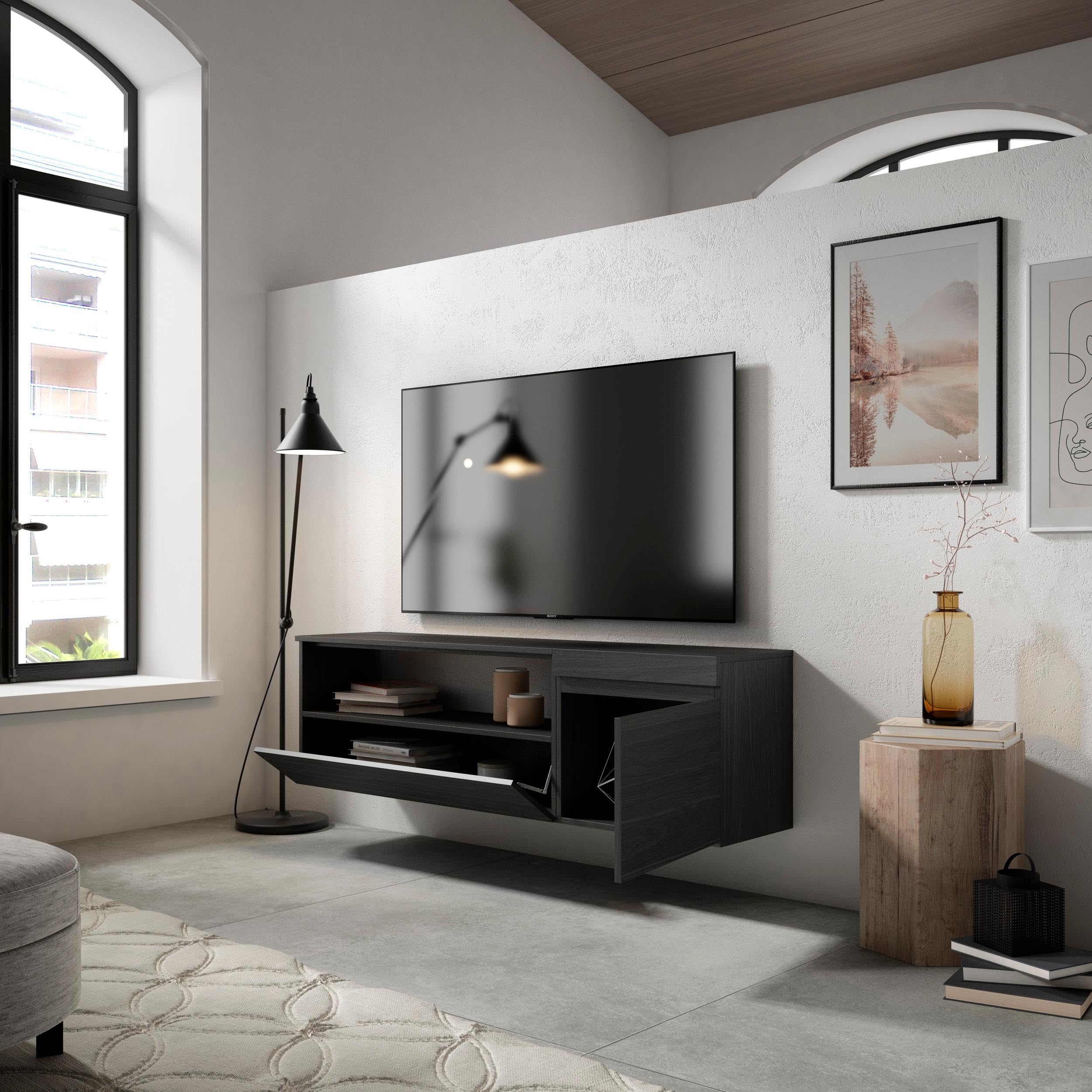 Skraut Home | Mobile TV Soggiorno | Ampio spazio a disposizione | 150x45x35cm | Per TV fino a 65" | Sospeso, da appendere | Stile moderno | Nero