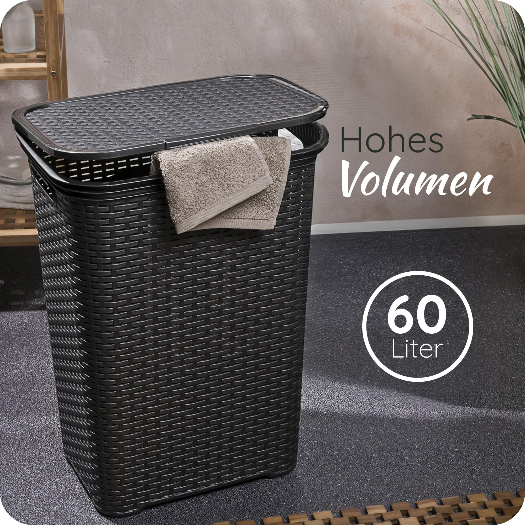 Novaliv 3 Stück Rattan Wäschekorb mit Deckel 60L Schwarz, Wäschebox Set Wäscheeimer Wäschebehälter modern für Bad Wäsche Schmutzwäsche, Wäschekörbe Schmutzwäschebehälter Sammler Korb