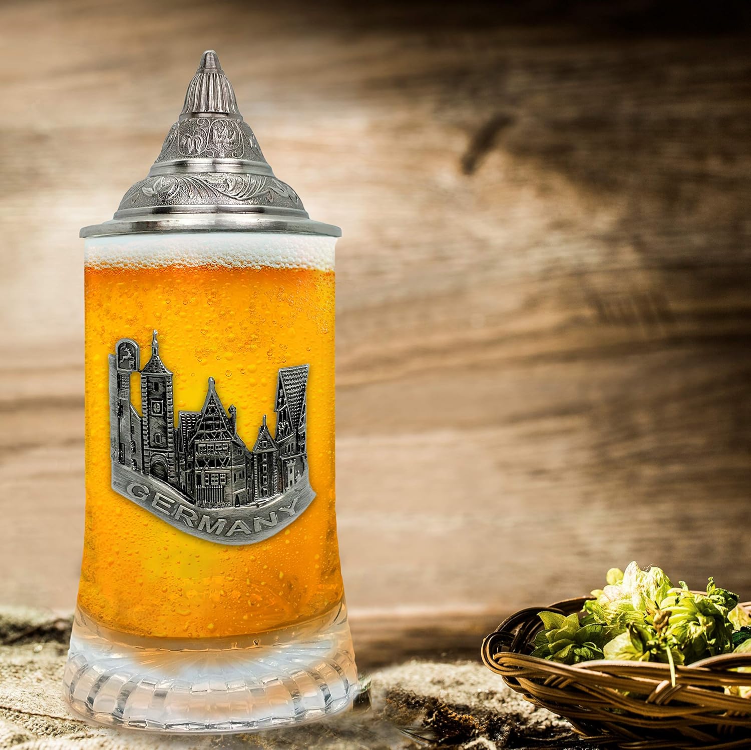 Beer Glass German Village Metal Medallion Bar Gifts for Men With Metal Lid Glass Mug by E.H.G. | .5 Liter