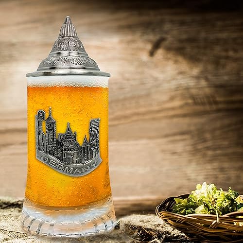 Miniatura 5 de Vaso de cerveza de pueblo alemán Medallón de Metal Regalos para hombres con tapa de metal Taza de vidrio por E.H.G.  0.5 litros