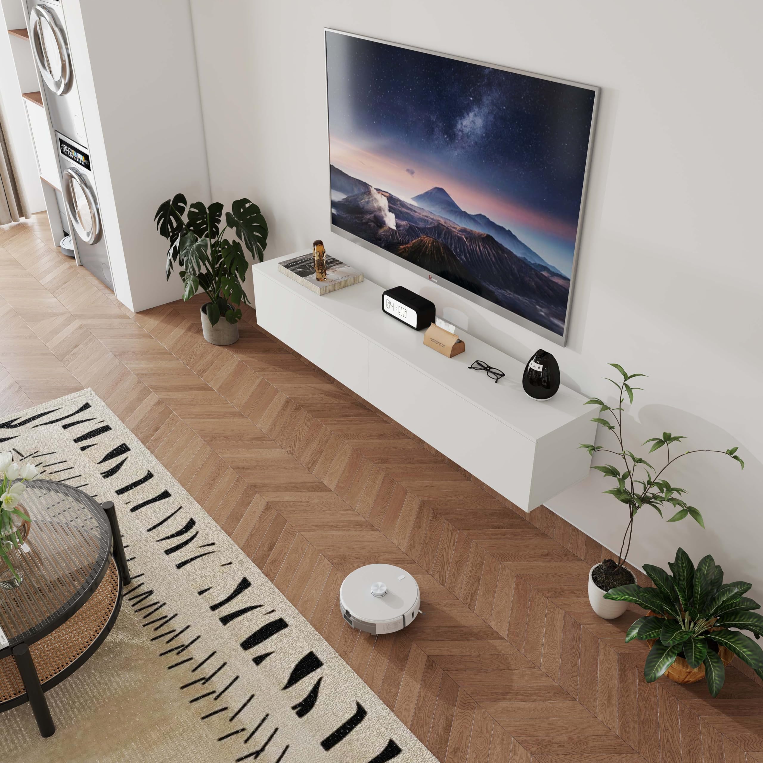 Lowboard mit Fächern, TV Board für Wohnzimmer, Sideboard Weiss, Moderne TV Lowboard, Lowboard Hängend