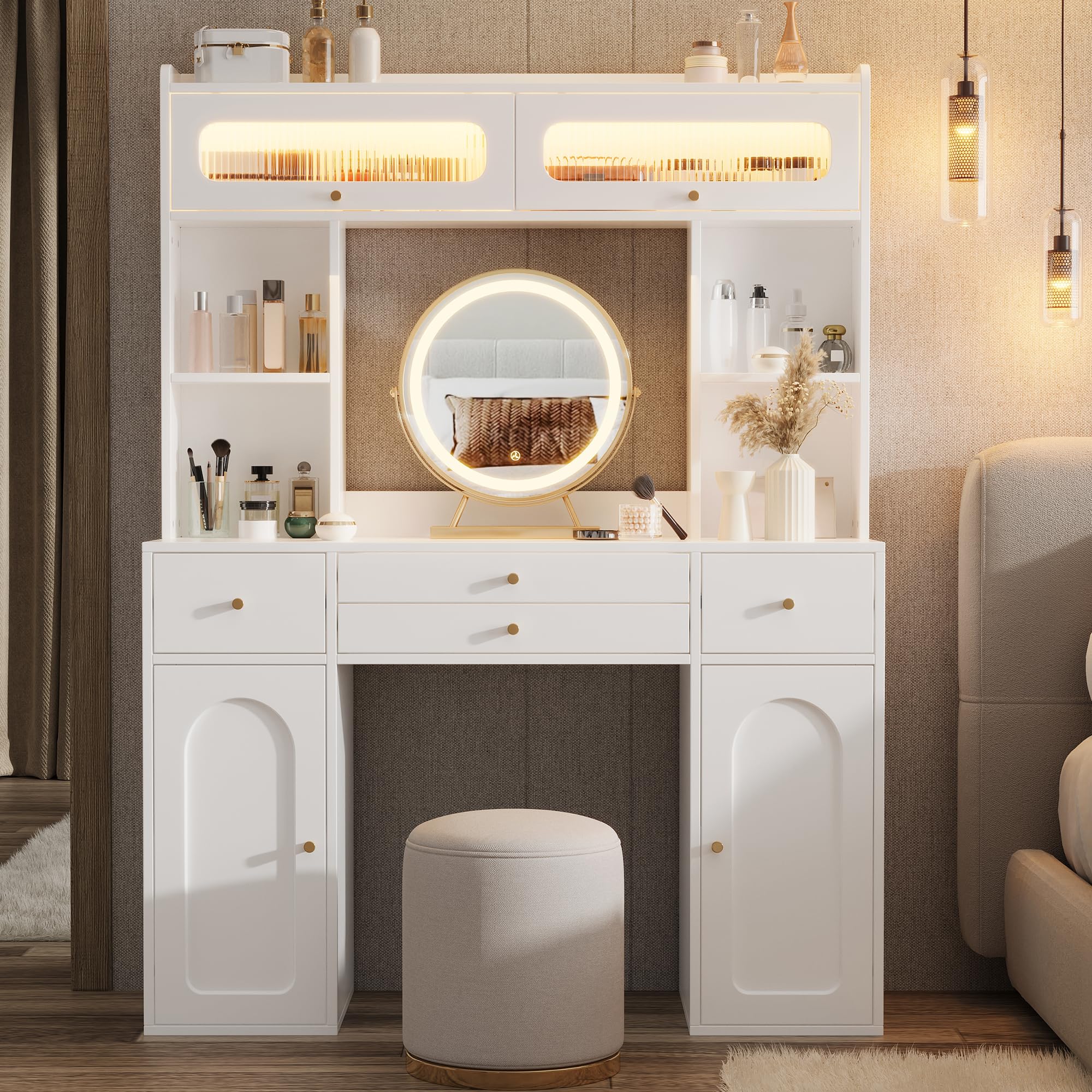 Tocador con espejo LED y 4 cajones con puertas de cristal para dormitorio
