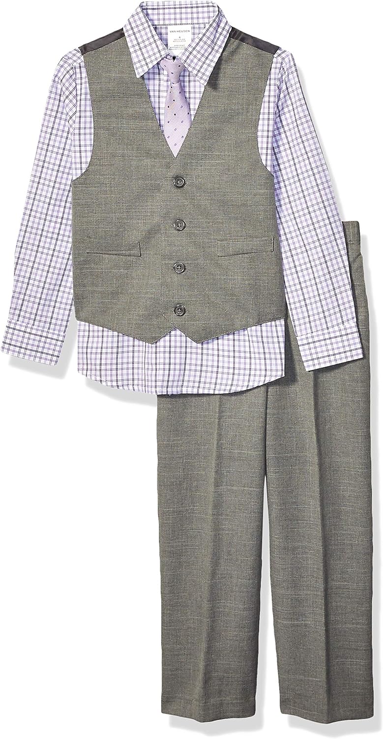 Van Heusen Boys' Little 4-Piece Formal Suit Set, Vest, Pants, Collared Dress Shirt, and Tie, Grey Shade, 6