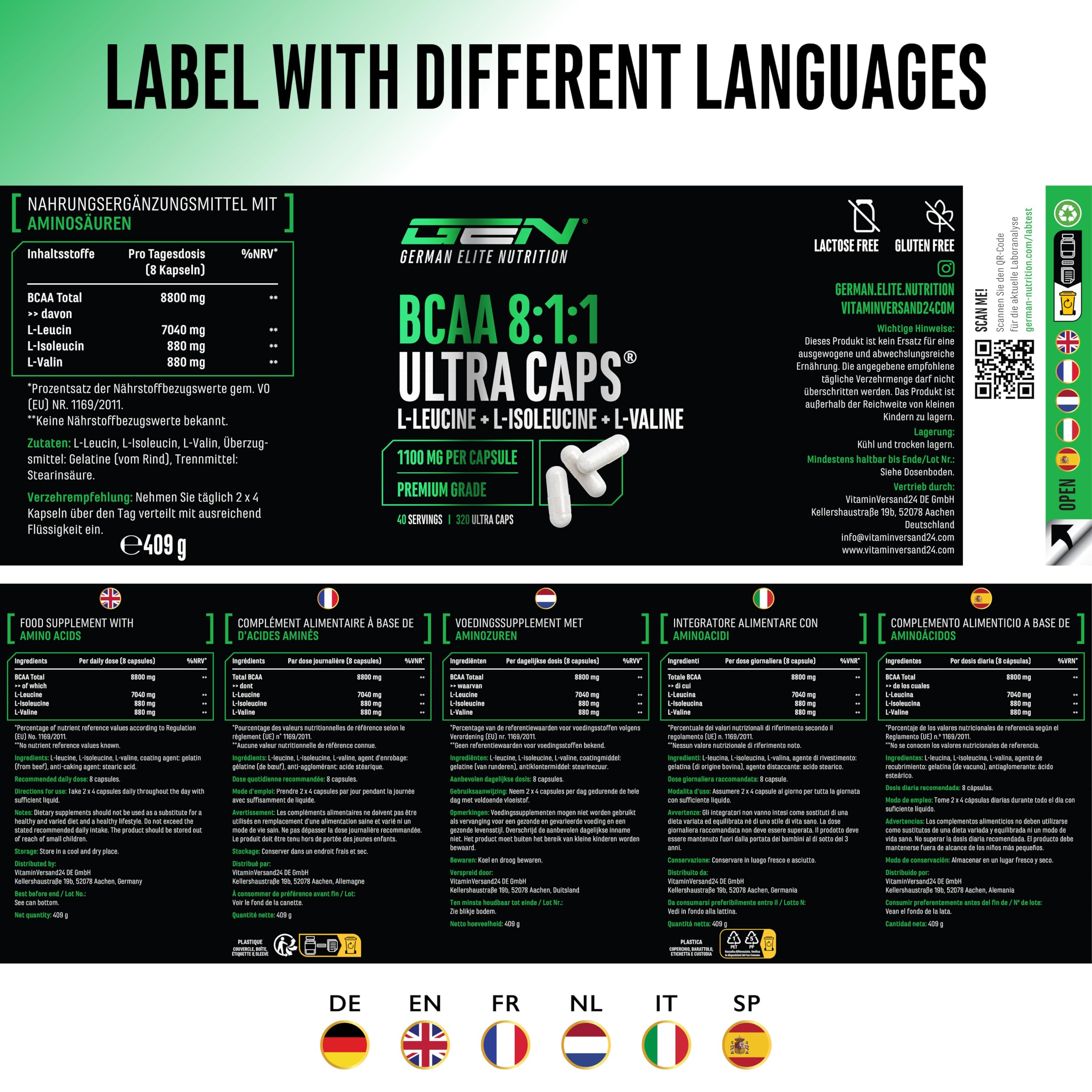 GEN GERMAN ELITE NUTRITION BCAA 8:1:1 ULTRA CAPS® - 320 Kapseln | 1100 mg pro Kapsel, hoher L-Leucin Anteil, 8800 mg BCAA pro Tagesportion, essentielle Aminosäuren
