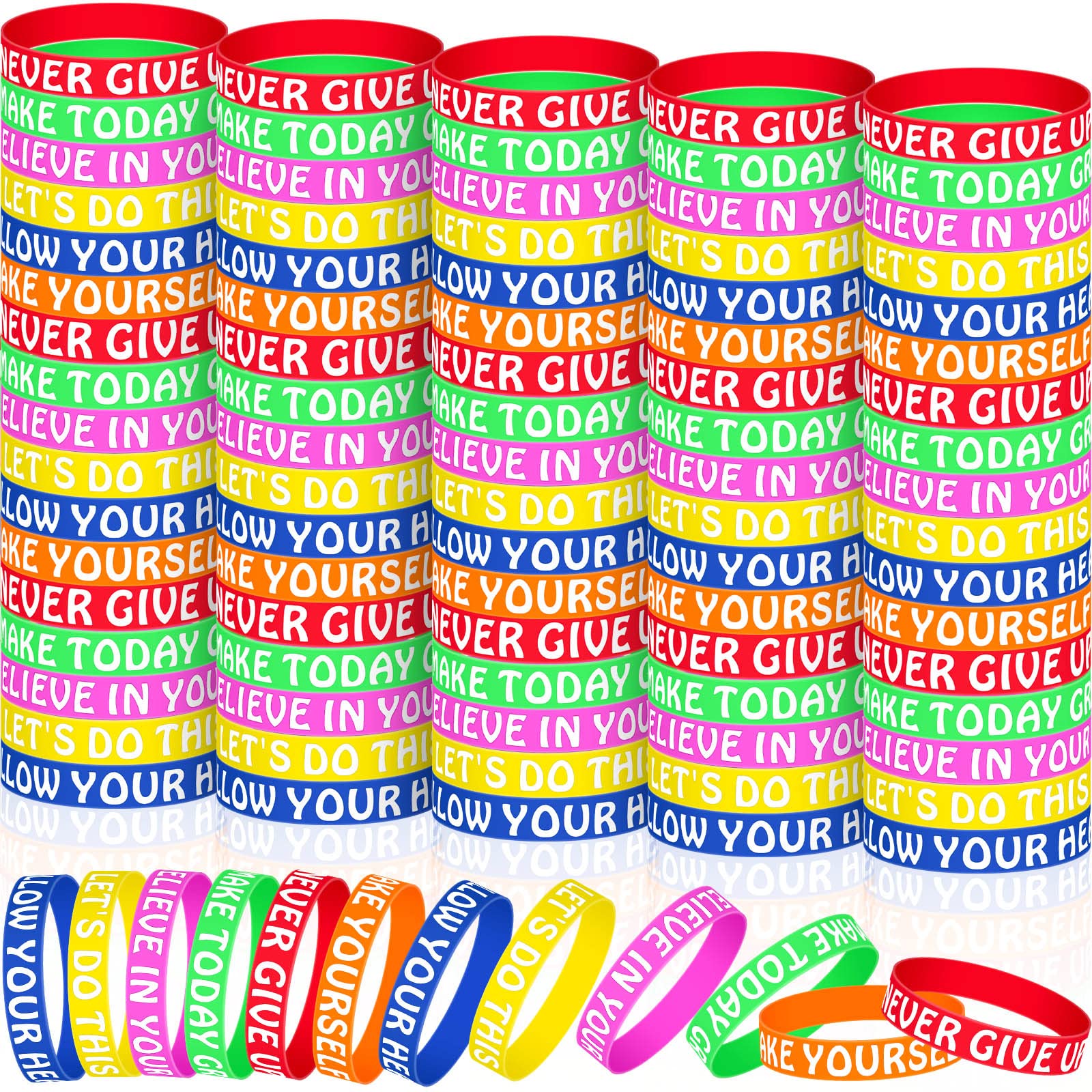 Lenwen 120 Pcs Motivational Quote Rubber Bracelets for Kids, Back to School Gifts Positive Sayings Accents Inspirational Silicone Bracelets for Classroom Students Birthday Party Favors (Bright Color)