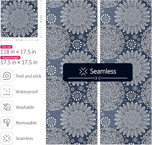 Miniatura 6 de Papel tapiz de papel tapiz bohemio azul bohemio para despegar y pegar, papel de contacto para paredes, 17.5 pulgadas x 10 pies, rollo de papel de