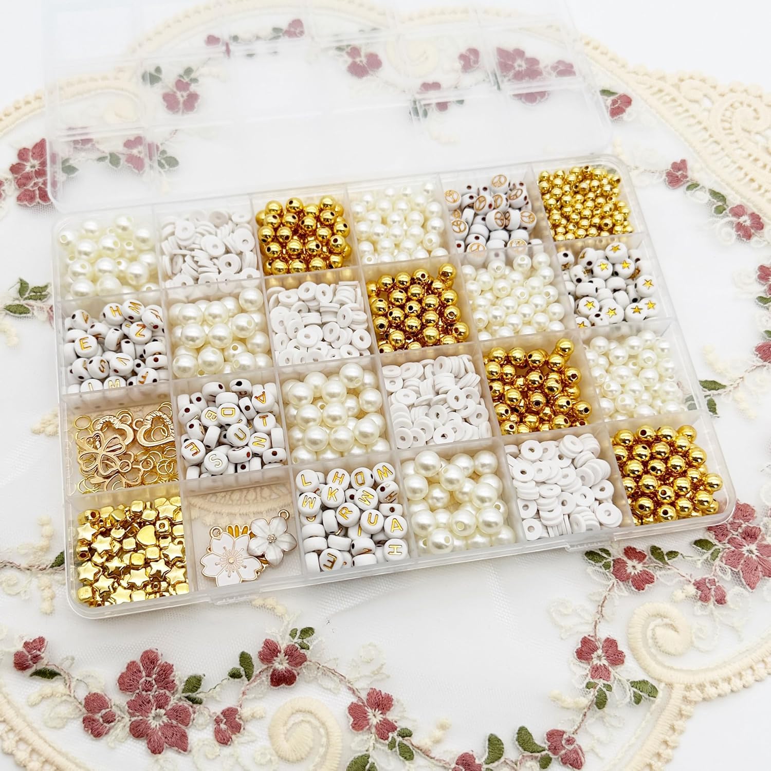 JINNBEY 1267Pcs Imitation Pearl Gold Beads Jewelry Making Kit - with Alphabet Beads, Small Pendant & Polymer Clay Beads, DIY Craft Necklace Bracelet Beading Kit for Kid Friendship Gifts - Image 4