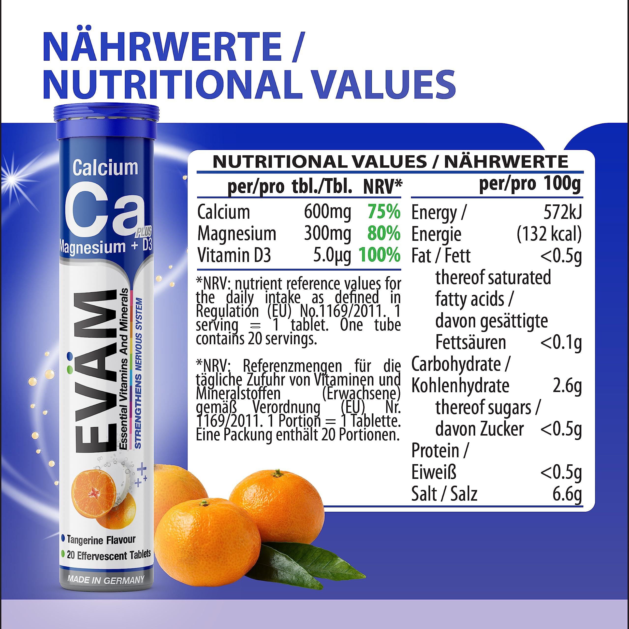 Calcium Magnesium D3 Brausetabletten I Geschmack Mandarine I 24x 15 Stück I Nahrungsergänzungsmittel zur Unterstützung von Knochen und Muskeln I für Vegetarier geeignet I Made in Germany
