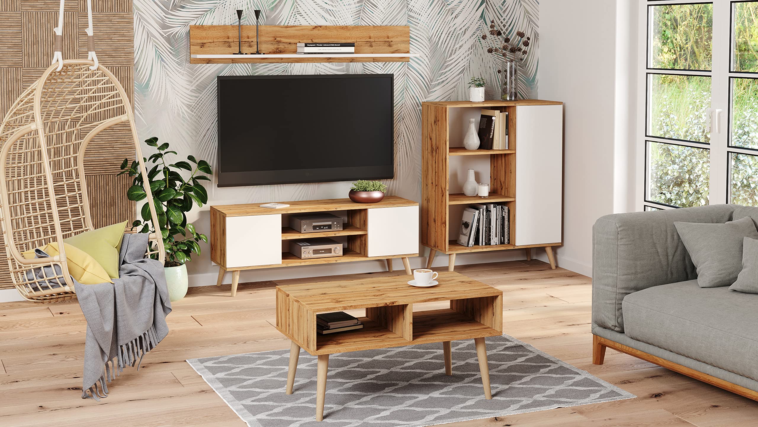 KOBI Meuble TV Focus 135 | Style scandinave sur Pieds en Bois | Meuble TV pour Le Salon et la Salle à Manger (Chêne doré - Blanc)