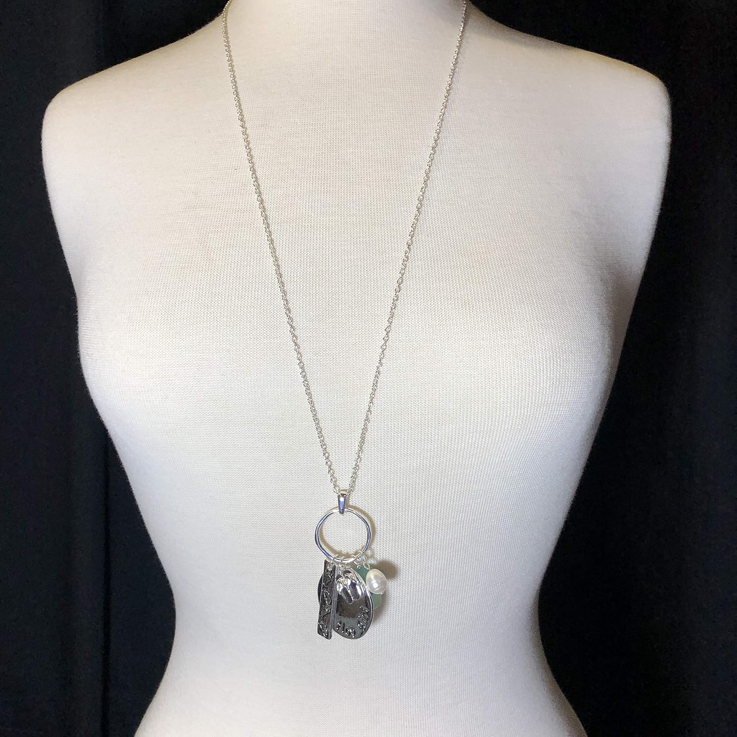 Gypsy Jewels Long Sealife Beach Nautical Theme Faux Sea Glass Cluster Charm Pendant Necklace & Earrings Set (Flip Flop Girl Silver Tone)