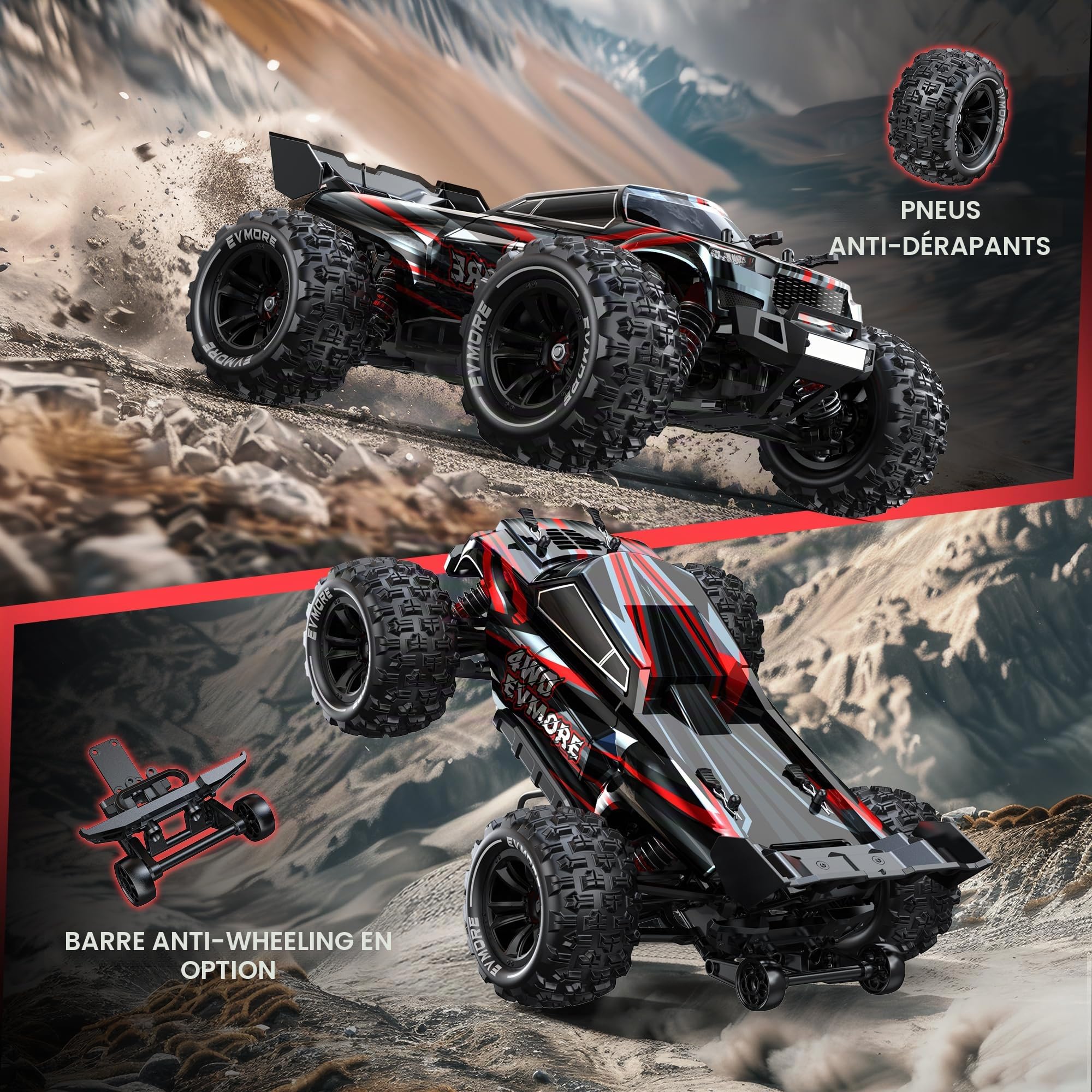 Evmore Voiture Télécommandée 1:16 4WD, 2,4 GHz RC Voiture Haute Vitesse Moteur sans Balais 70 km/h, 4x4 Tout Terrain Télécommande Étanche Véhicule Électrique RTR Jouets avec 2S Batteries pour 40mins