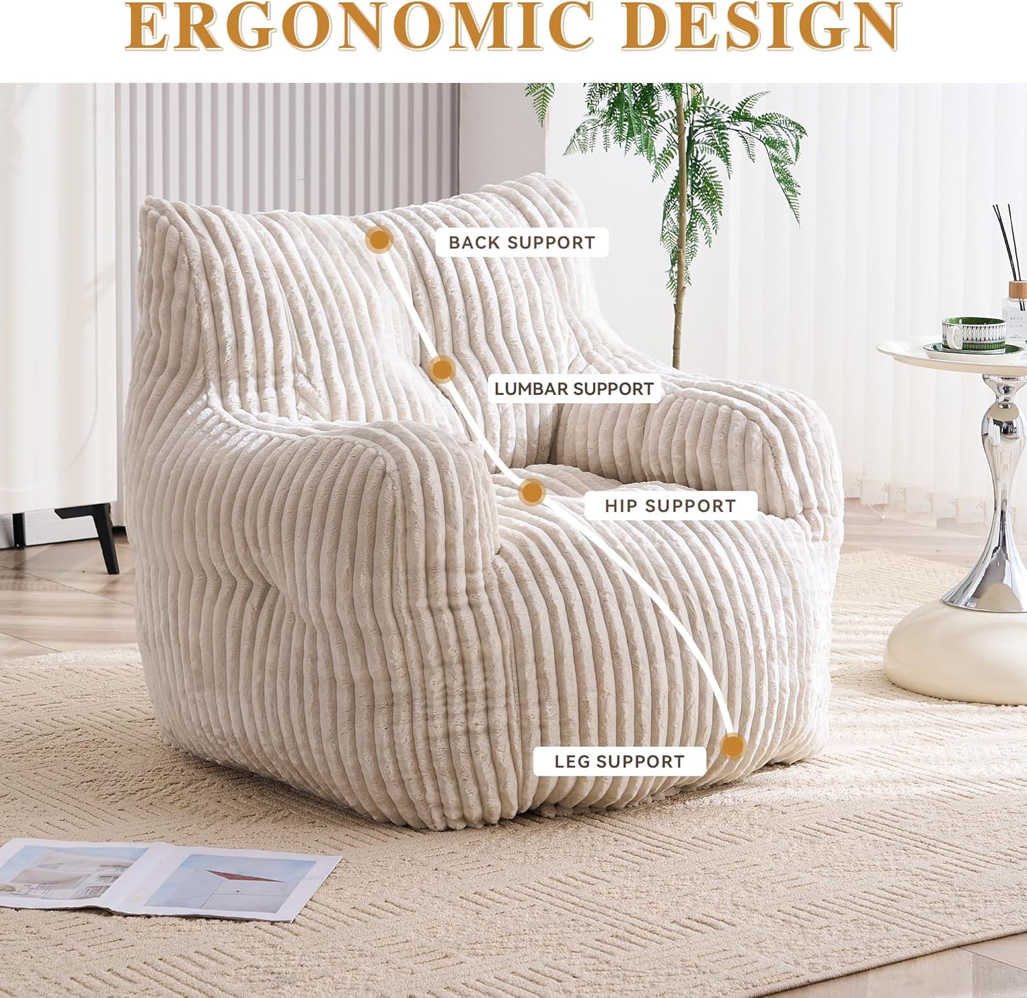 Bean Bag Chair, Filled Bean Bag Chairs for Living Room, Big Beanbag Chairs, Stuffed Beanbag Chair with Filling (Corduroy Fabric in Ivory)